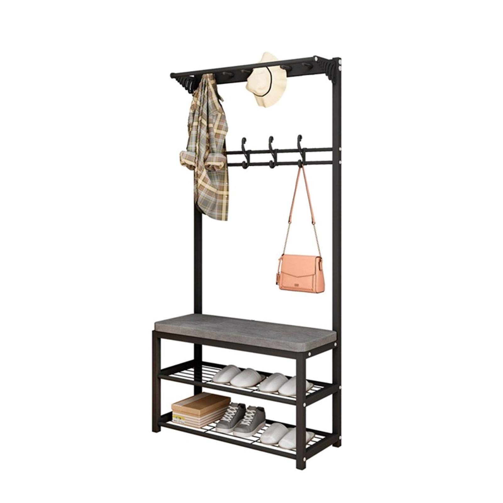 Premium Metal Entryway Organizer - Heavy Duty Coat Rack with Shoe Stool & Multifunctional Hooks (170x80cm, Black) - Space Saving Hallway Storage Solution for Jackets, Shoes & Accessories - Perfect for Apartments, Dorms & Mudrooms