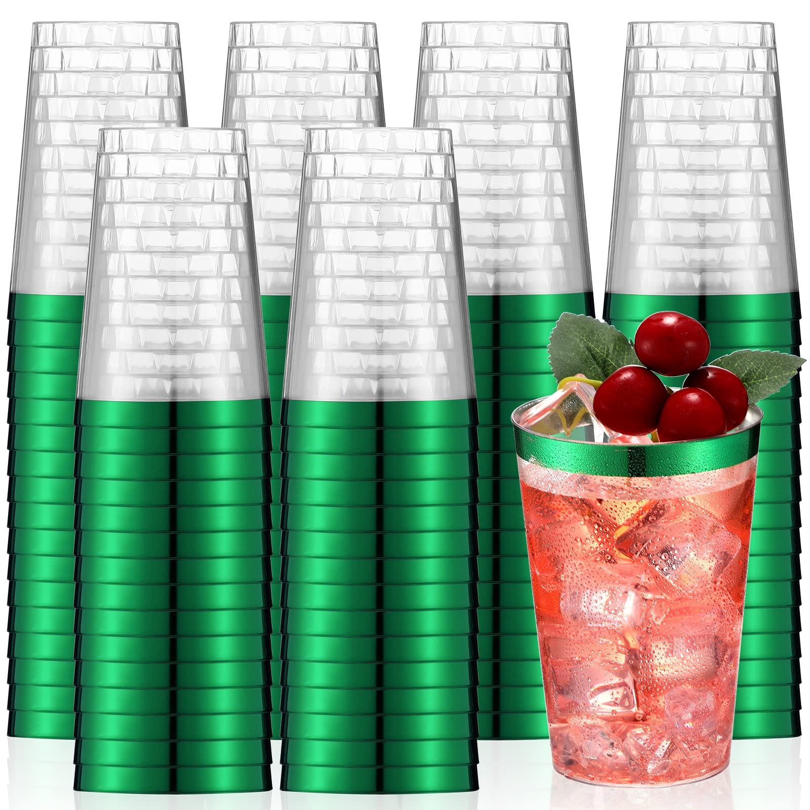 100 Pack 12 oz Clear Plastic Disposable Cups with Rim - Elegant Tumblers for Wine, Coffee & Cocktails - Perfect for Birthday, Wedding & Party Events (Green) - Durable & Stylish Drinkware for Home, Office & Outdoor Gatherings