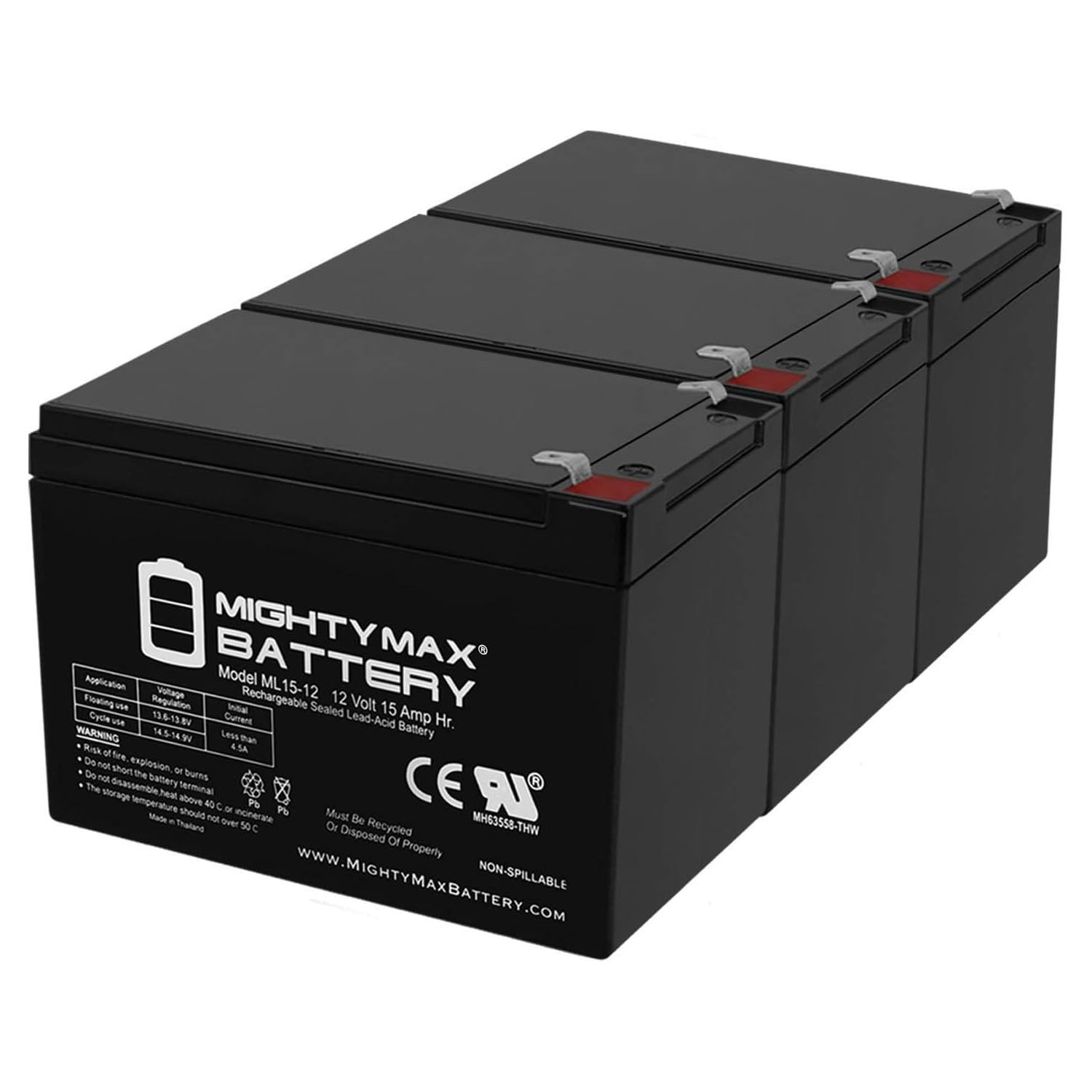 Mighty Max 12V 15AH Rechargeable Battery - 3 Pack Replacement for ZapWorld New Century Electric Bike | Perfect for Commuting, Leisure Riding & Outdoor Adventures