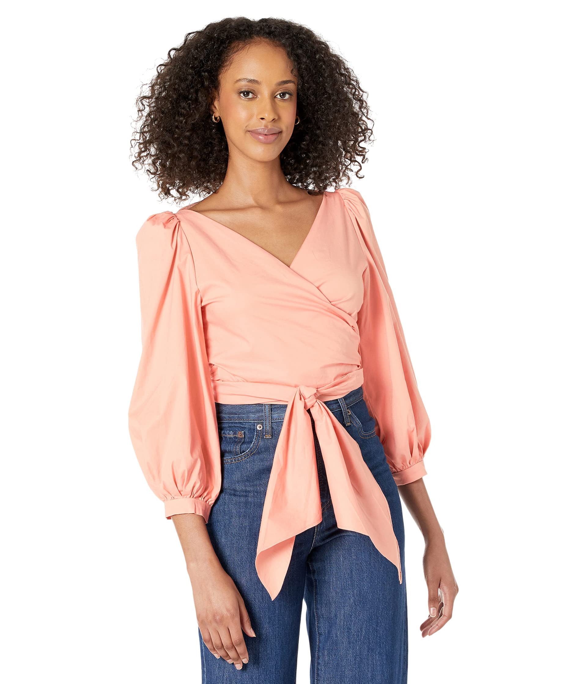WAYF Jada Puff Sleeve Wrap Top for Women - Flattering V-Neck Blouse with Ruffle Details | Perfect for Date Night, Office Wear & Special Occasions