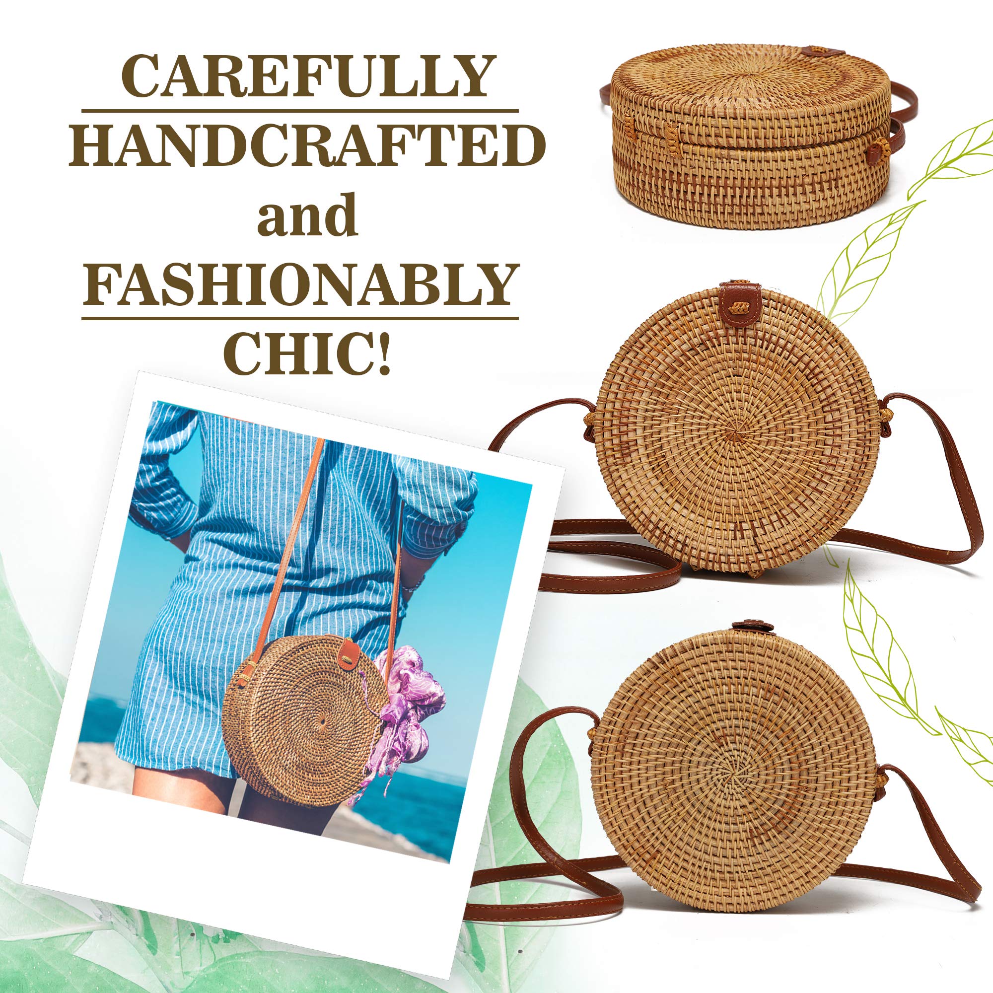 Handwoven Round Rattan Crossbody Bag for Women - Adjustable Strap Straw Handbag (Tan) | Boho Beach Tote, Summer Outing, Vacation Accessory