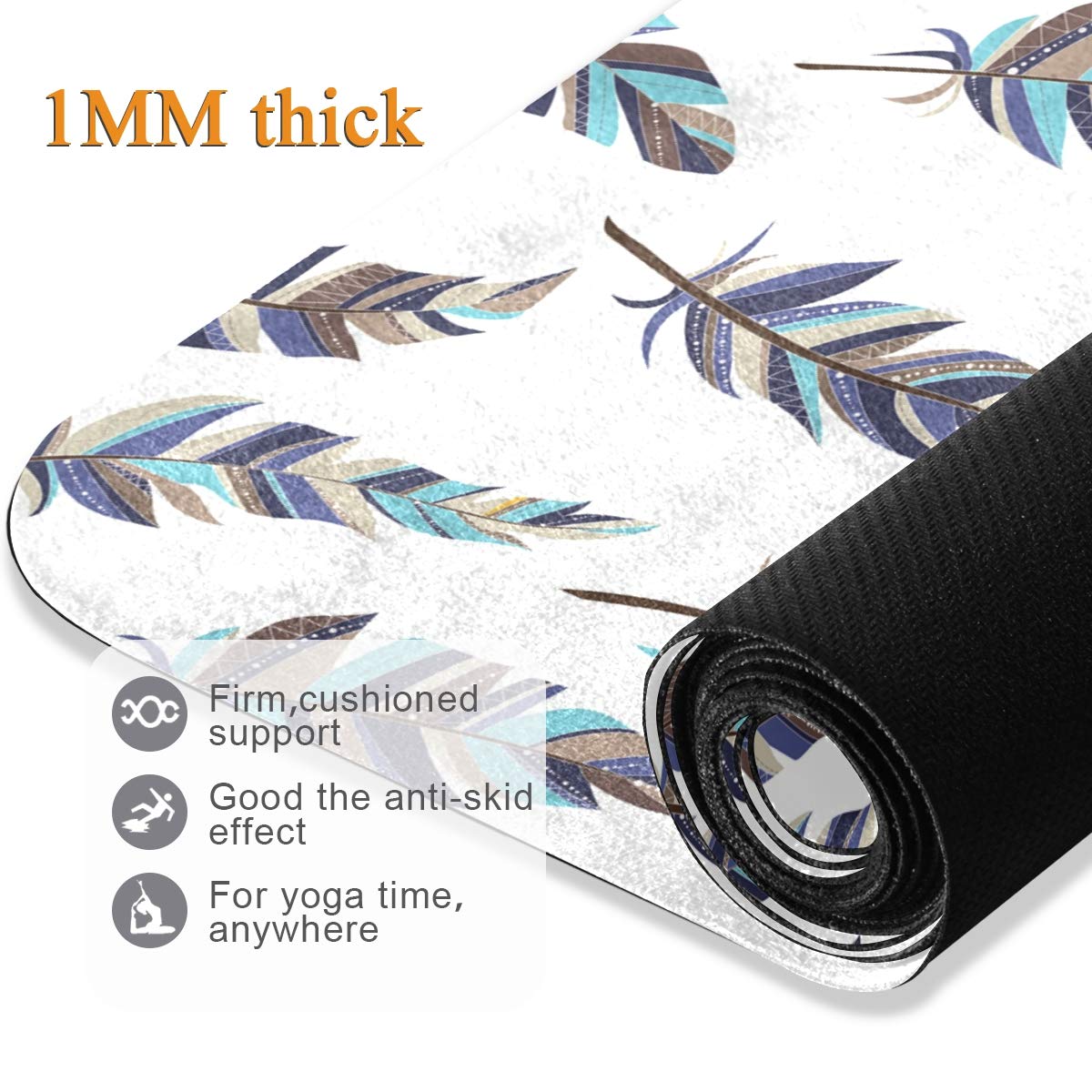 MOYYO Boho Style Feather Print Yoga Mat - Non-Slip Natural Rubber Suede Surface for Hot Yoga, Pilates & Floor Exercises - 71x26 Inch Portable Travel Fitness Mat - Perfect for Home, Studio & Outdoor Yoga Sessions