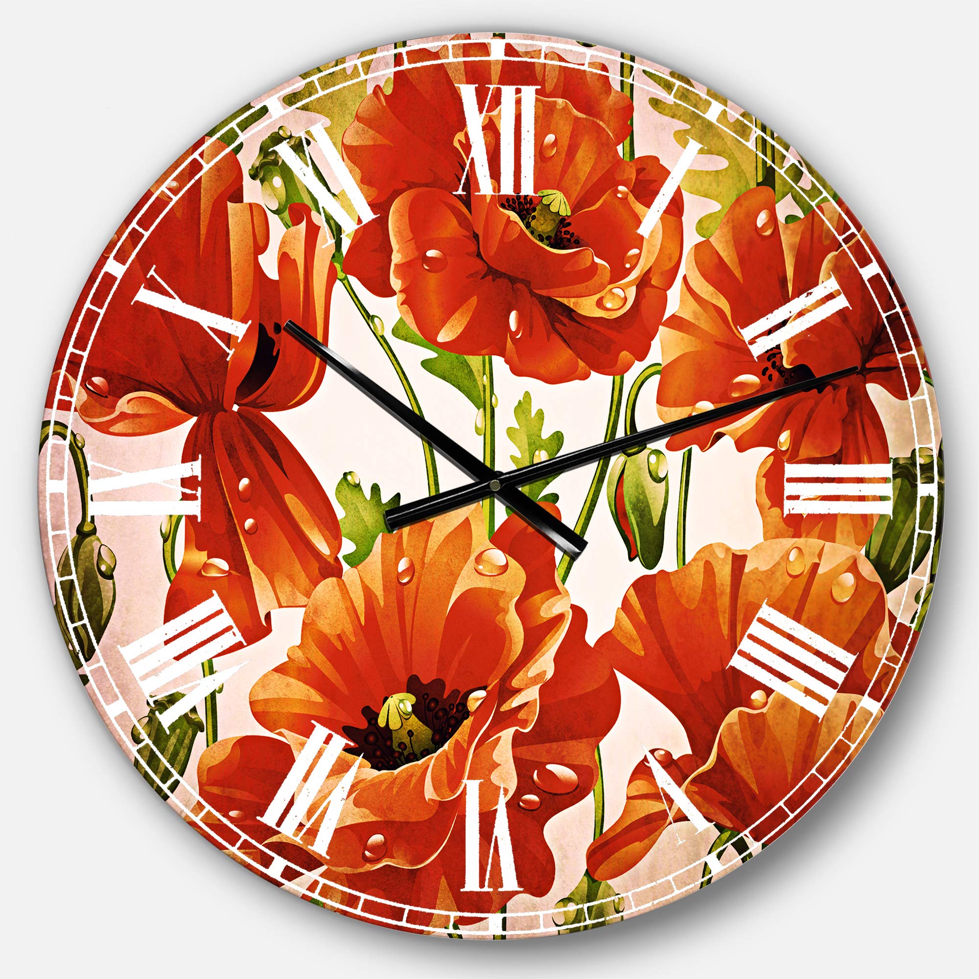 Designart Red Poppies Floral Wall Clock - Traditional Round Metal Wall Art for Home Decor, Living Room, Bedroom & Office | Perfect for Farmhouse, Vintage & Boho Interior Design Styles