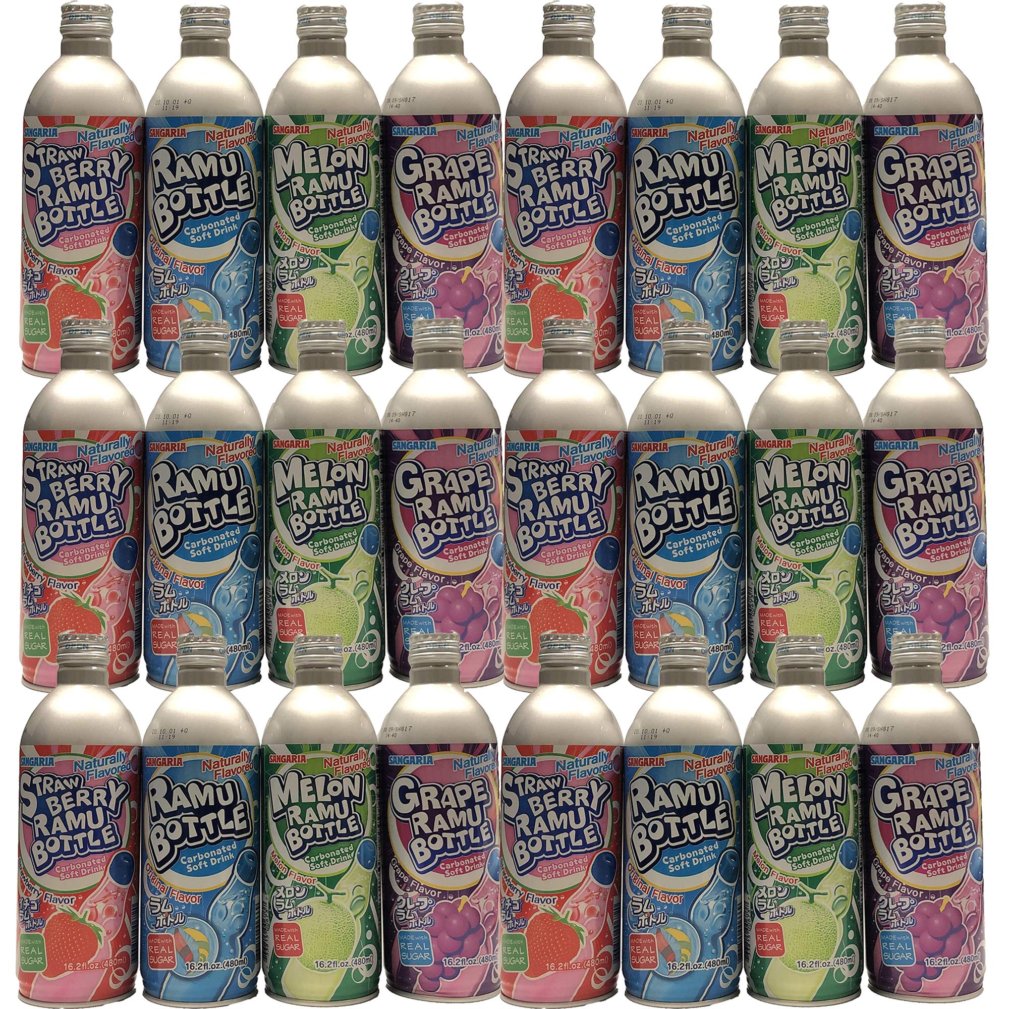 Sangaria Ramune Soda Mix Combo Pack - Original, Melon, Grape & Strawberry Flavors (24 Aluminum Bottles, 16.2 fl oz Each) | Japanese Carbonated Drink for Parties, BBQs & Summer Refreshment