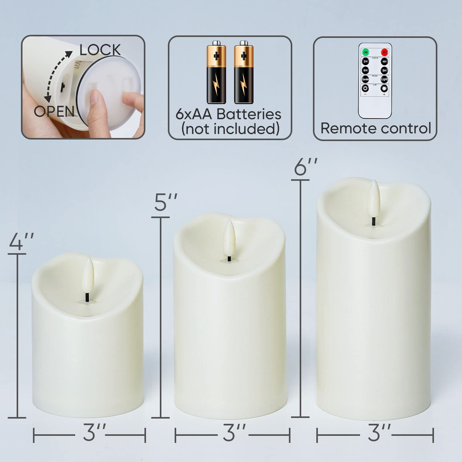 Homemory LED Candles - Battery Operated Flameless Candles with Remote Control & Timer, Set of 3 Ivory White Waterproof Electric Candles for Home Decor, Wedding Centerpieces, Christmas Decorations, and Romantic Ambiance