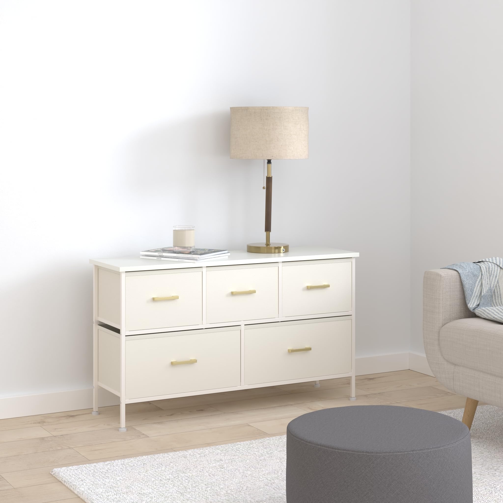 5-Drawer White Dresser for Bedroom - Sturdy Steel Frame with Leather Finish & Wood Top - Perfect for Closet, Living Room, TV Stand & Nursery Storage (Glacier White) | Space-Saving Organizer for Small Apartments & Dorm Rooms