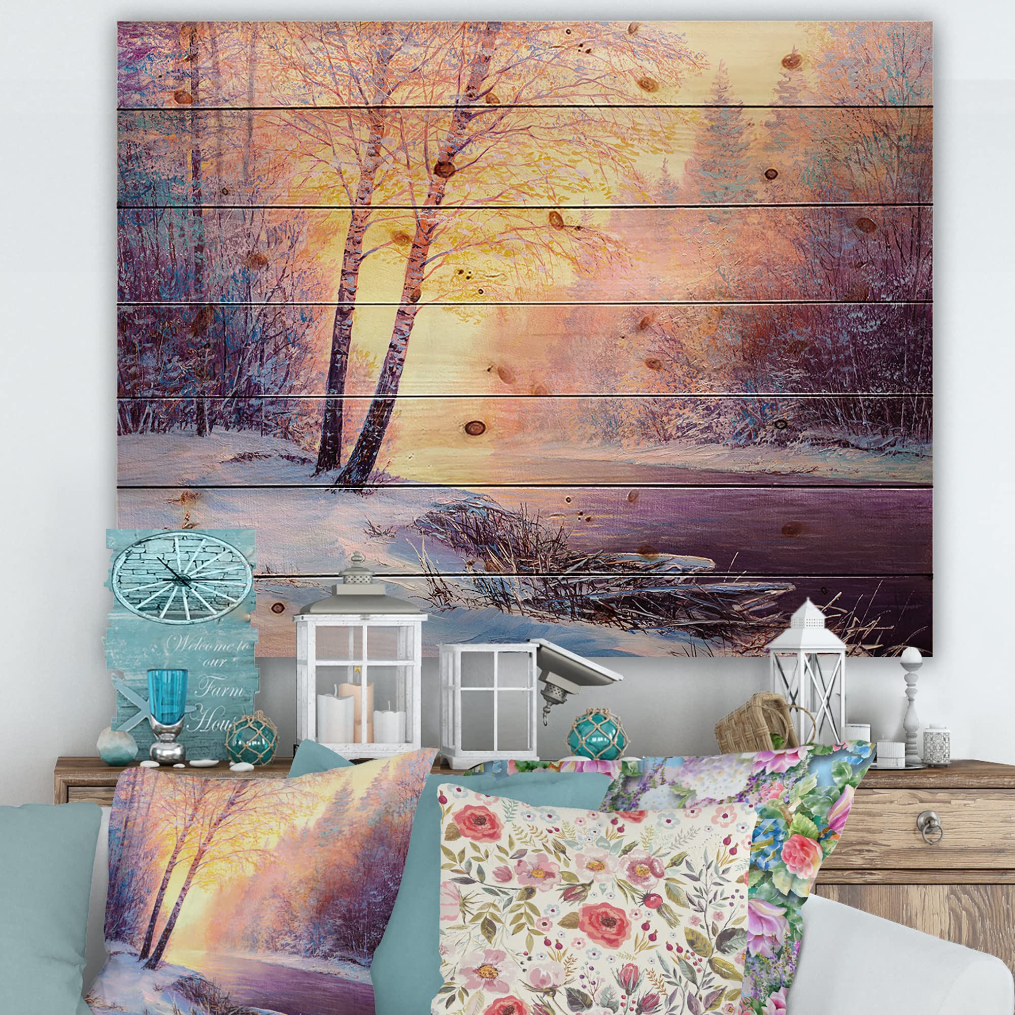 Winter Scenery With Bridge Of Meandering River II - Lake House Art Print on Natural Pine Wood - Perfect for Cabin, Lodge & Home Decor