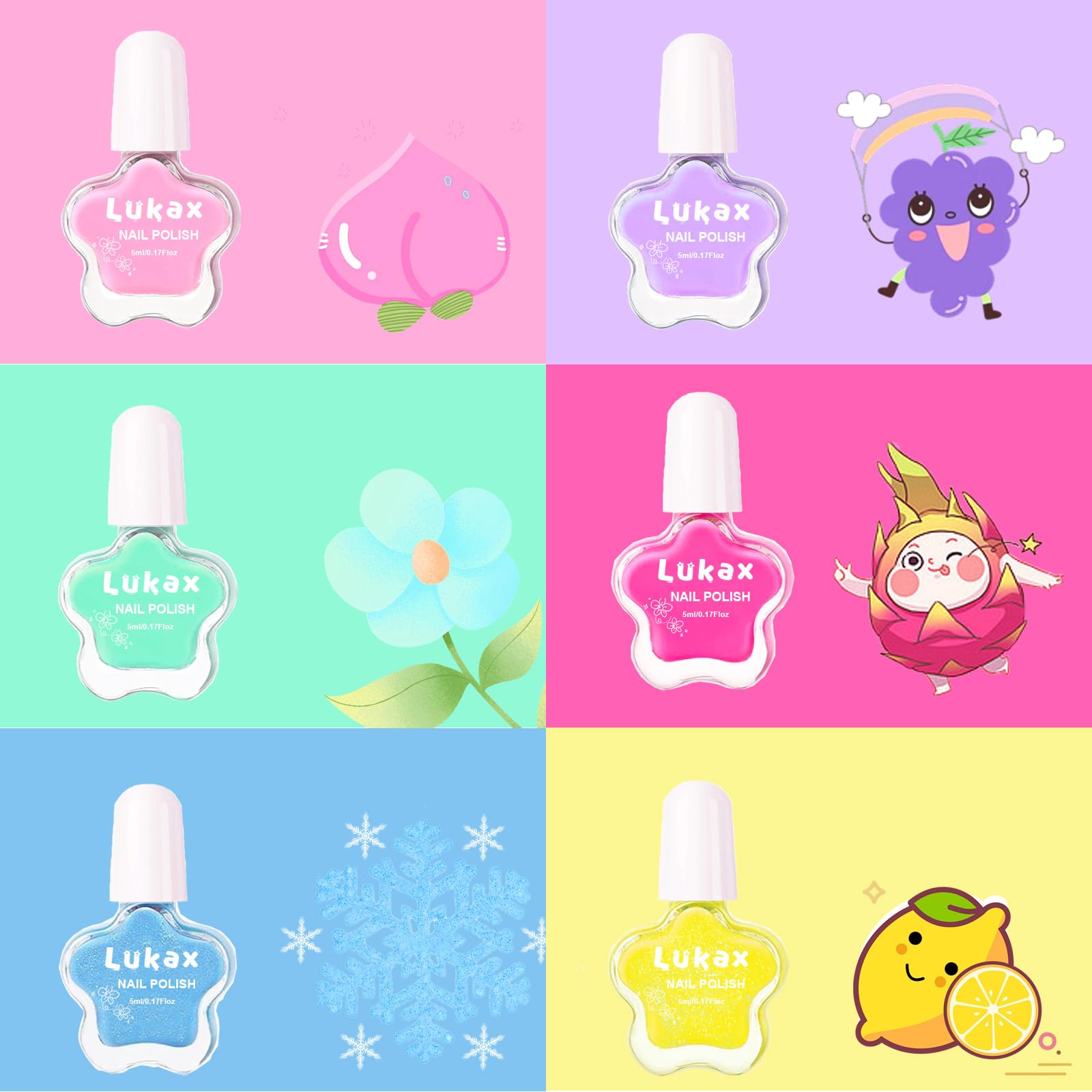 Lukax Non Toxic Kids Nail Polish Set - 6 Water Based Peel Off Colors, Safe Low Odor Nail Polish Kit for Girls & Toddlers | Perfect for Birthday Gifts, Playdates & Pretend Play