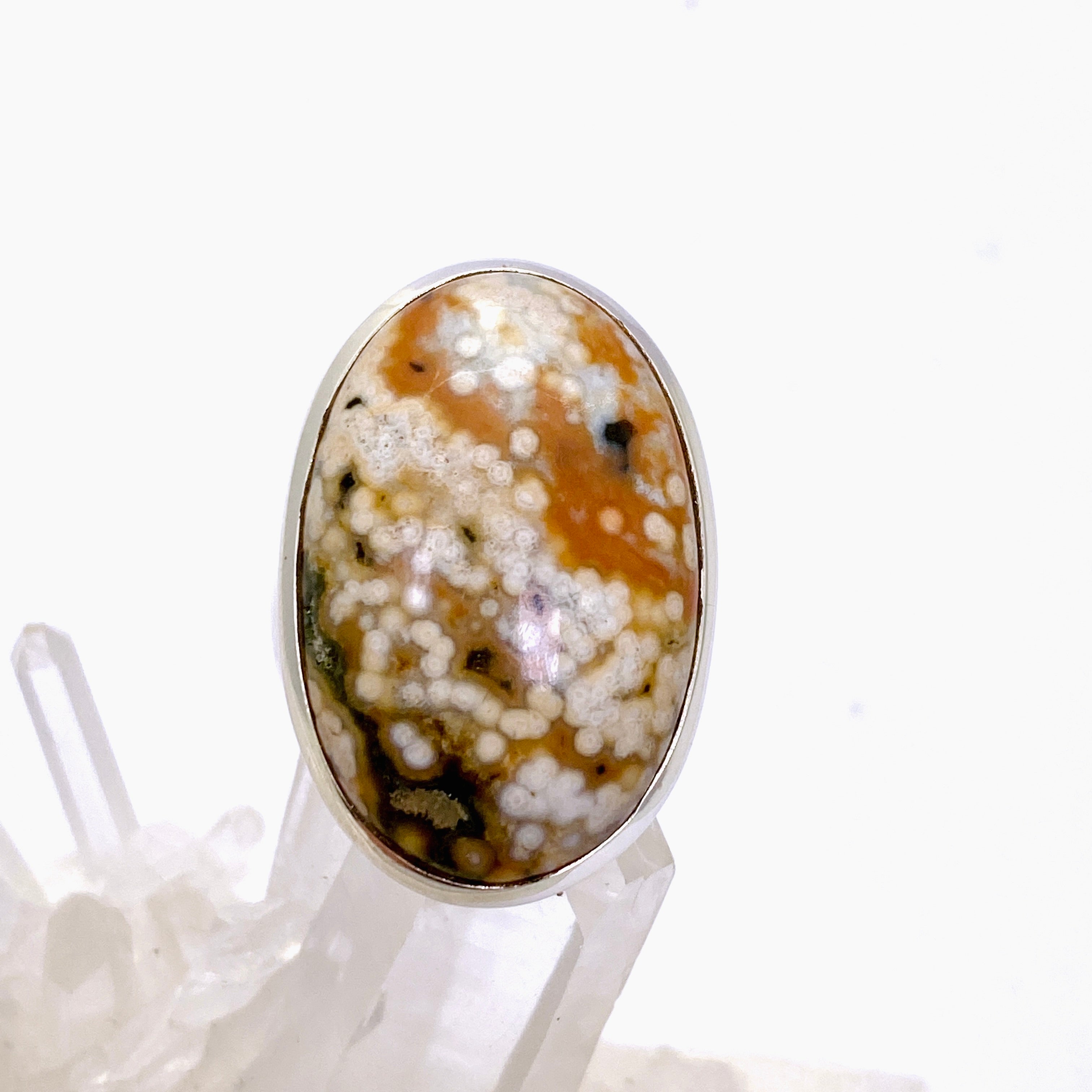 Ocean Jasper Oval Cabochon Ring - Size 8.5 - Natural Stone Jewelry - Handmade Silver Ring - Perfect for Boho Style & Spiritual Healing - Gift for Women & Crystal Lovers
