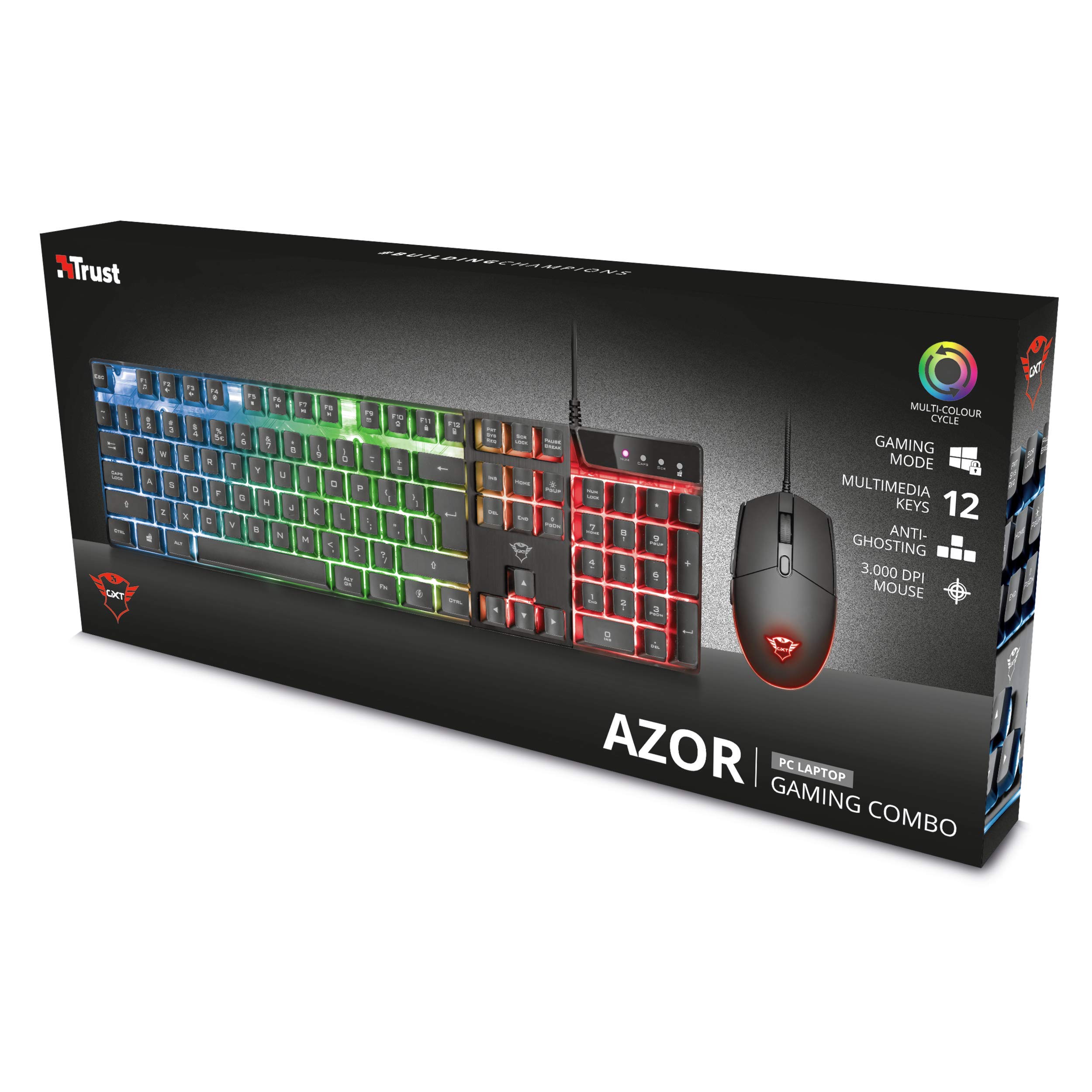 Trust Gaming GXT 838 Azor Gaming Keyboard and Mouse Combo - Italian QWERTY Layout, USB Wired, Anti-Ghosting, RGB Backlit Keyboard, 800-3000 DPI Gaming Mouse - Black | Perfect for PC Gaming, Esports & Office Work