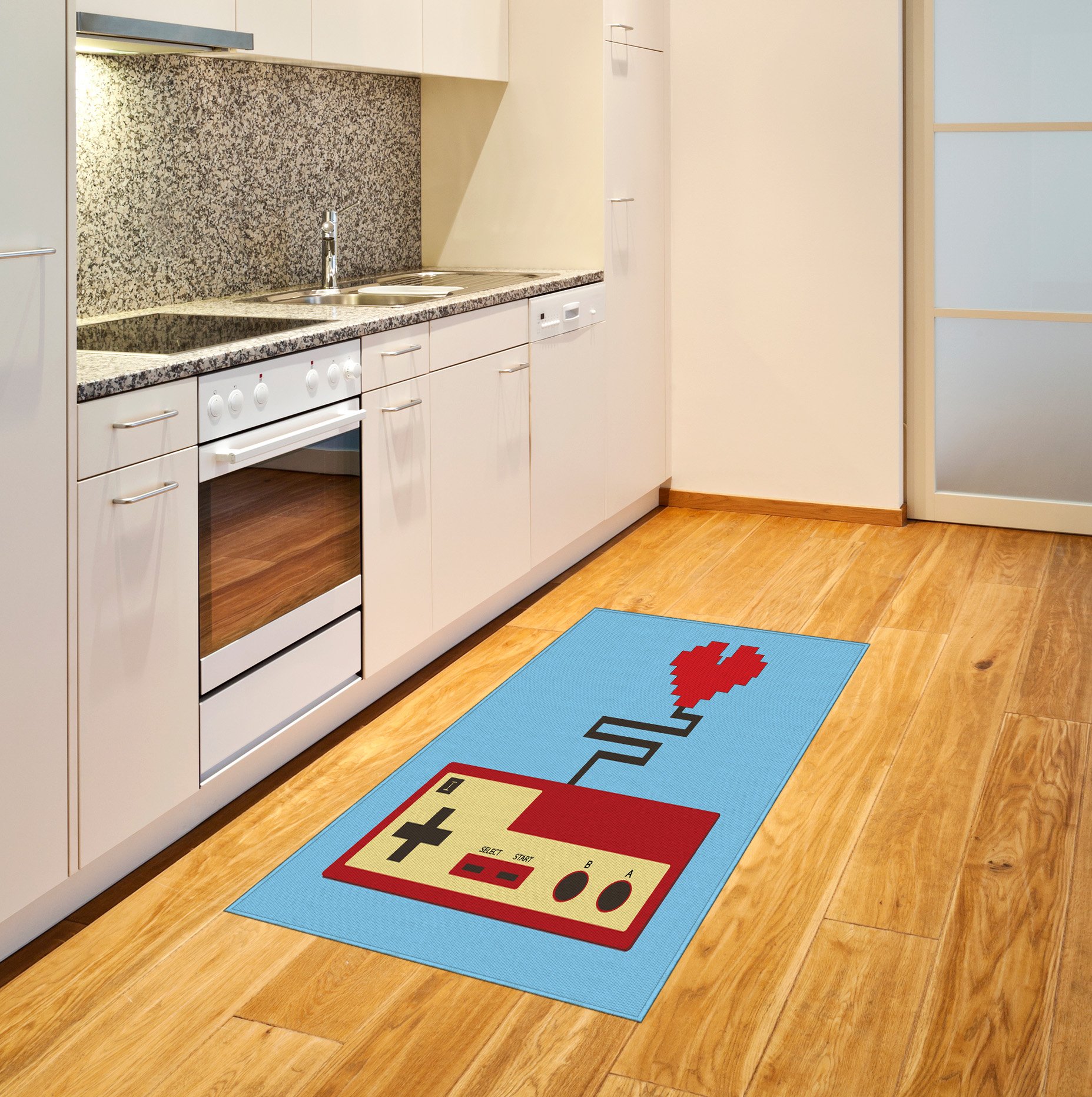 Pixel Art Heart & Controller Gamer Rug - Flat Woven Blue Beige Accent Carpet 2'6