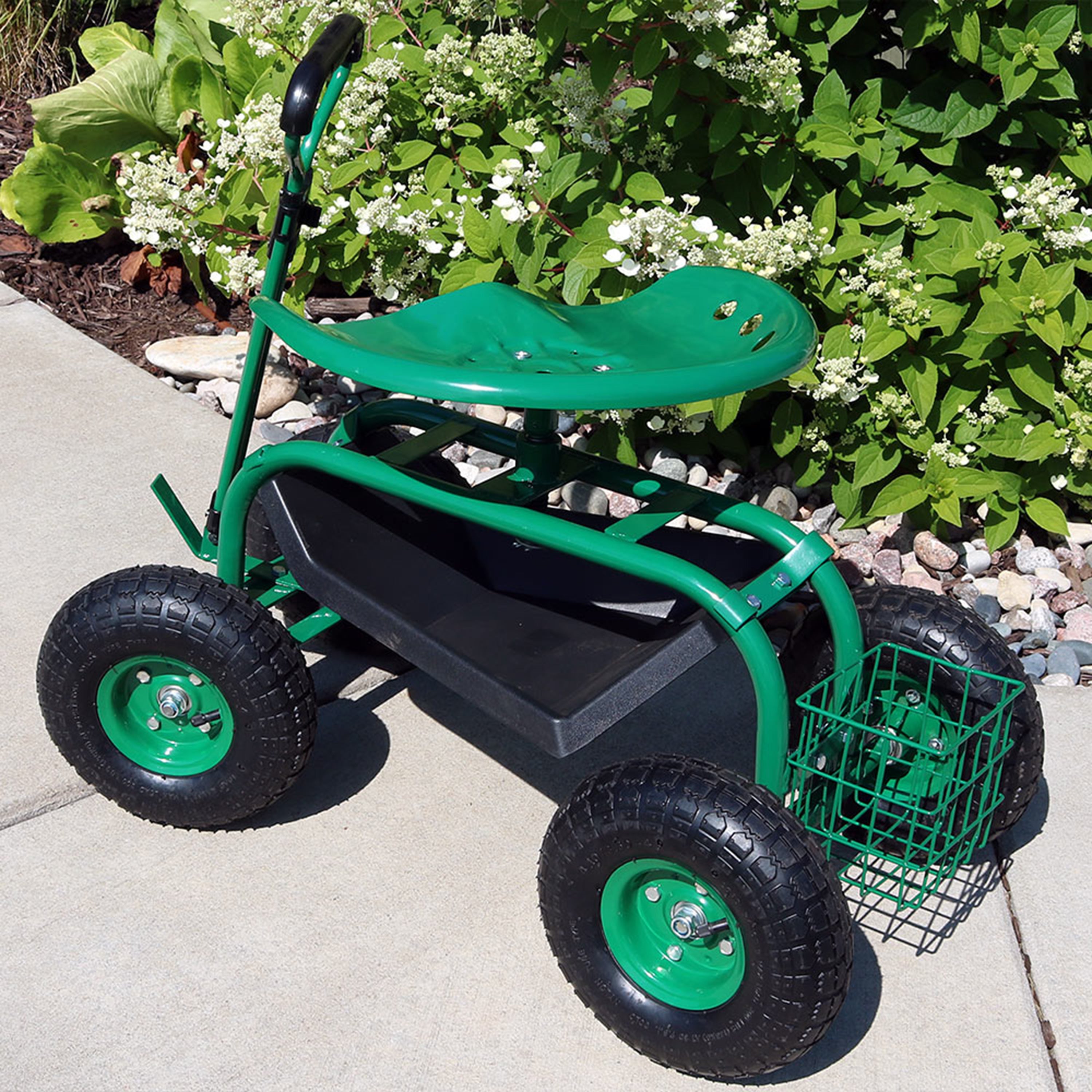 Sunnydaze Heavy Duty Rolling Garden Cart with Steering Handle & Swivel Seat - Perfect for Outdoor Gardening, Yard Work, and Home Organization