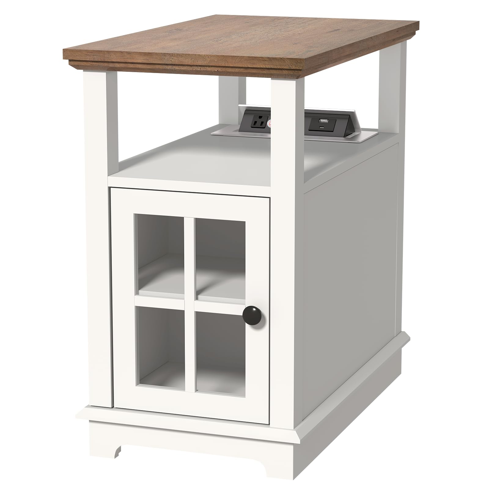 HIFYOBRO White Narrow End Table with Flip Top Charging Station - Adjustable Shelf, Power Outlets & Storage - Perfect Nightstand for Bedroom or Living Room Side Table (Ideal for Phone Charging, Reading Lamp & Home Decor)