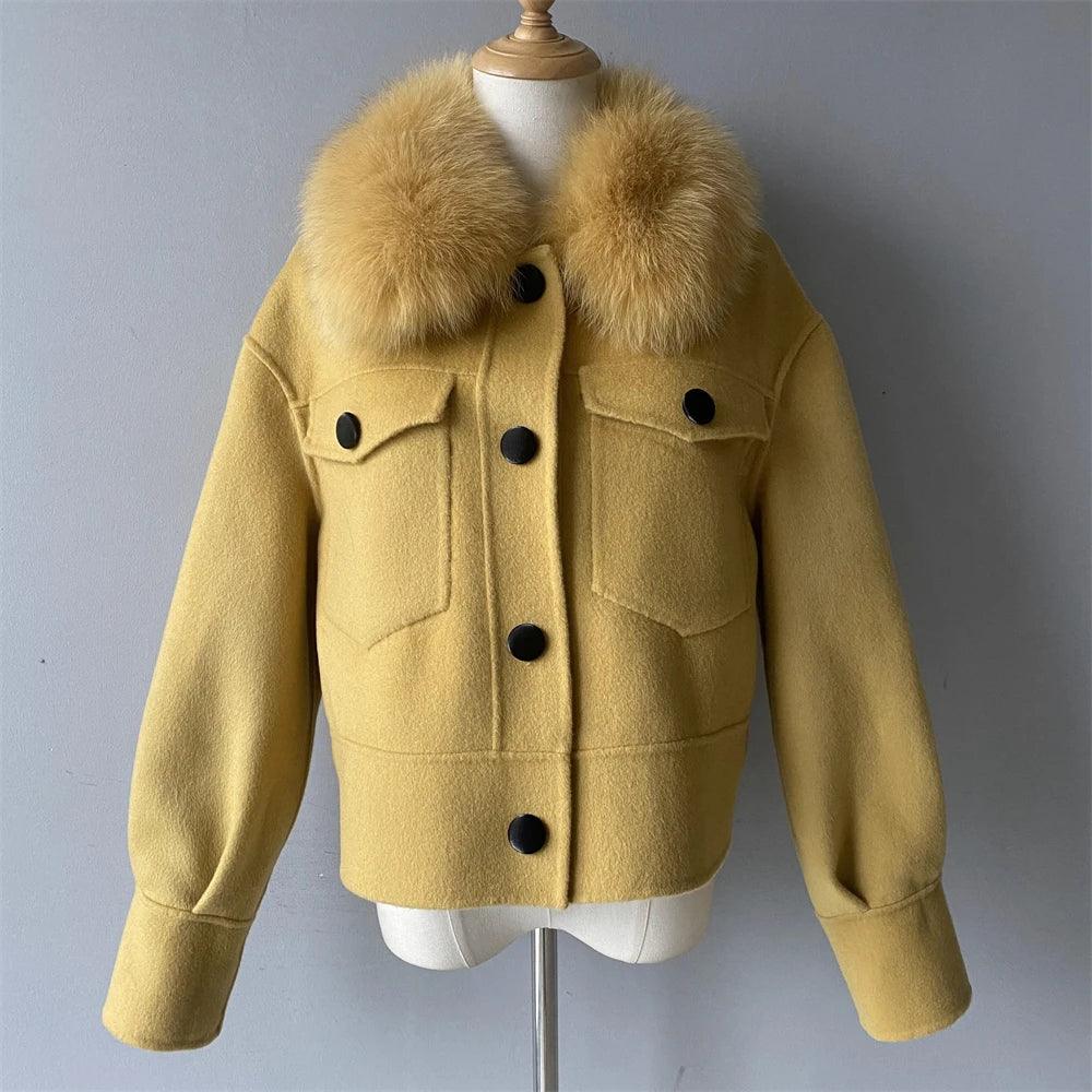 Luxury Women's Cashmere Wool Coat with Real Fur Collar - Winter Cropped Jacket, Full Sleeves & Pockets - Streetwear Outerwear for Cold Weather & Fashion Outings