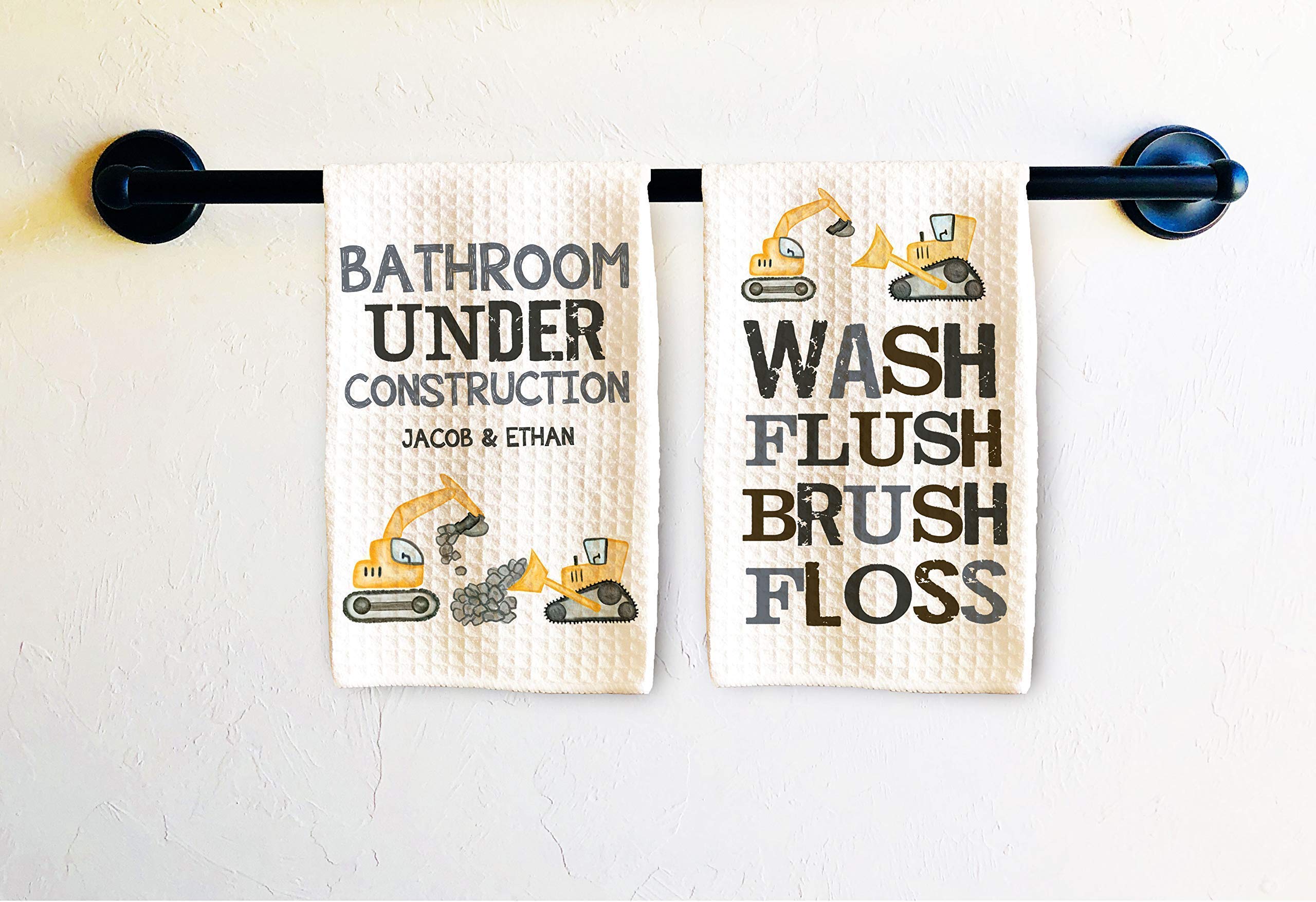 Personalized Waffle Weave Kids Bath Towel Set of 2 | Soft Construction Themed Bathroom Towels for Boys & Girls | Kids Bathroom Decor & Home Essentials | Perfect for Bath Time, Pool, and Beach Use