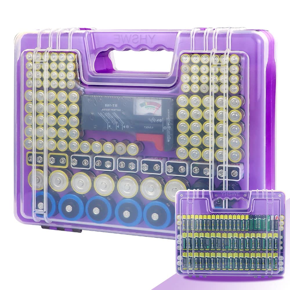 X-Value Battery Organizer Case - Portable Storage Box with Tester for AA AAA C D 9V Batteries (Holds 230 Batteries, Batteries Not Included) - Perfect for Home, Office, Travel & Emergency Kits (Purple)