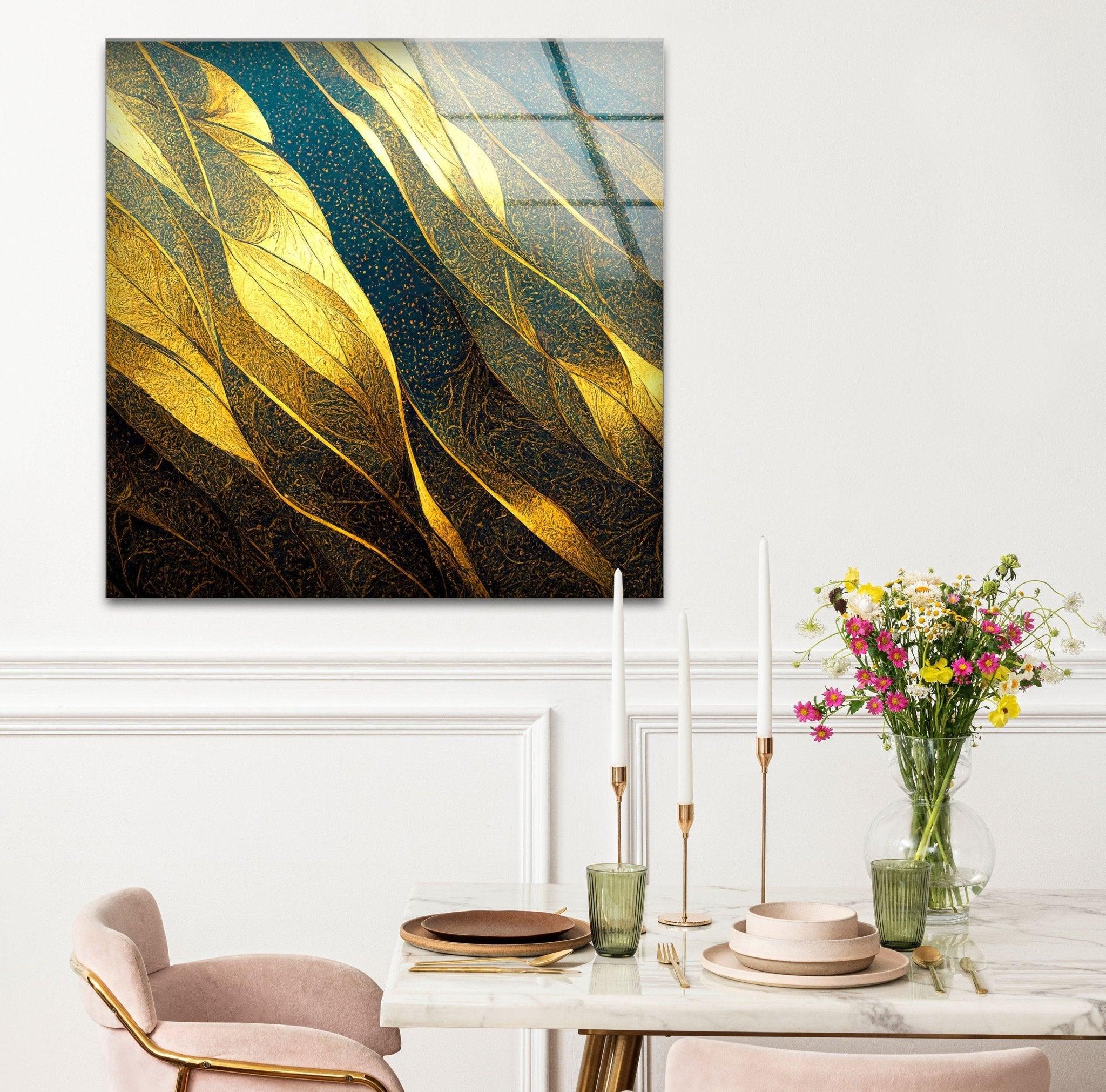 Abstract Decorative Golden Elegant Glass Wall Art - Modern Home Decor for Living Room, Bedroom & Office | Handcrafted Glass Panel for Stylish Interior Design