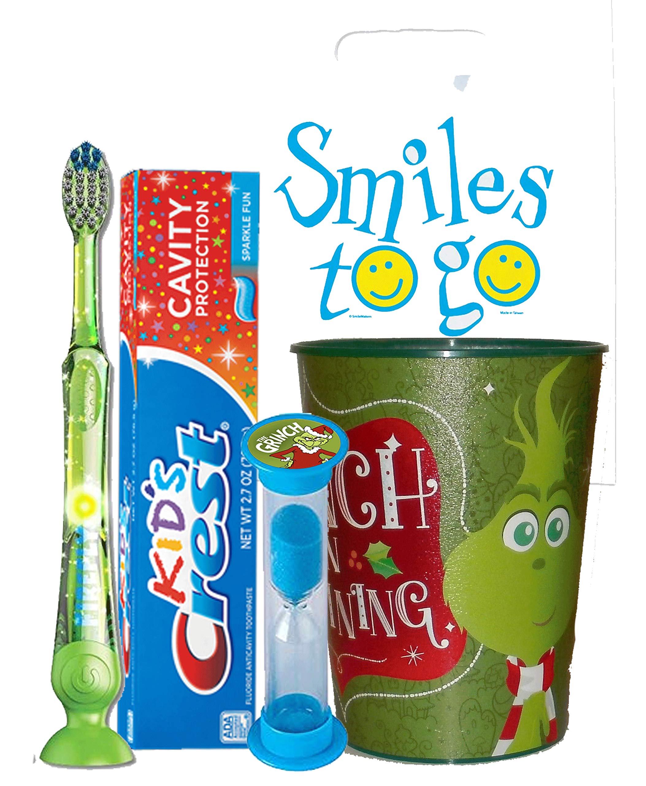 Grinch 4-Piece Oral Hygiene Kit with LED Toothbrush, Toothpaste, Timer & Mouthwash Cup - Complete Dental Care Set with Gift Bag & Tooth Saver Necklace - Perfect for Kids' Dental Hygiene & Christmas Stocking Stuffers