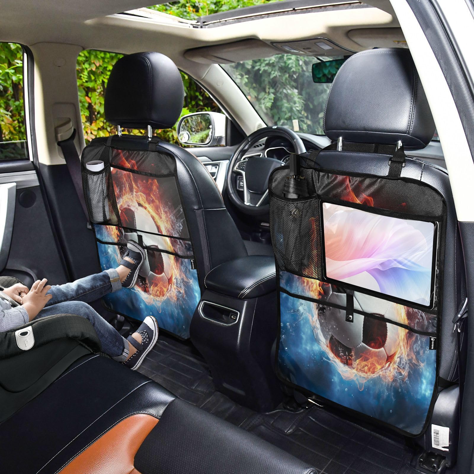 RunningBear Soccer Ball Design 2-Pack Car Seat Protectors - Waterproof & Fire-Resistant Kick Mats with Storage Pockets for Kids | Perfect for Road Trips, School Commutes & Family Travel