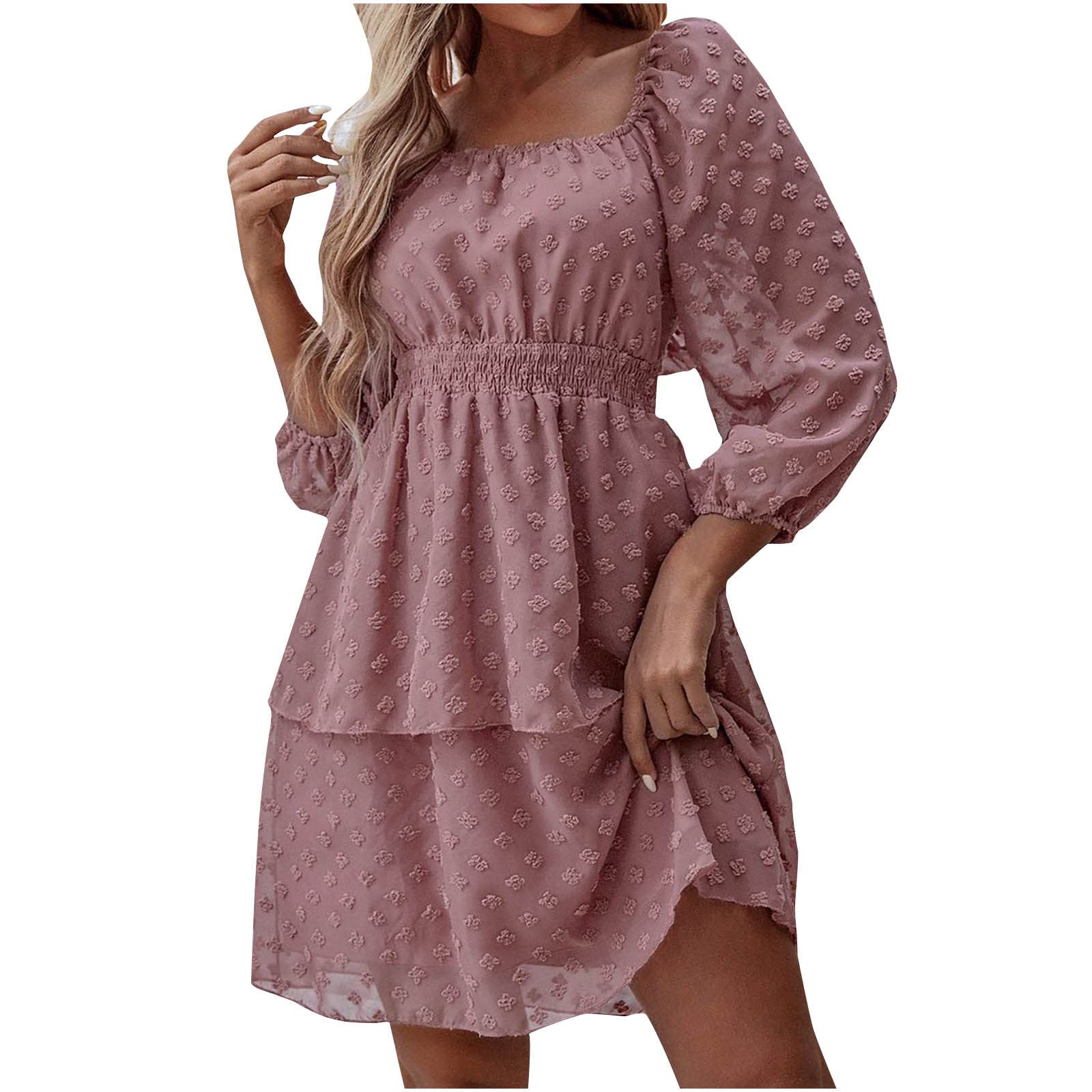 Women's Summer Casual Short Sleeve Square Neck Mini Dress - Elastic Waist, Ruffle Layered Chiffon Swing Dress for Beach, Party & Daily Wear