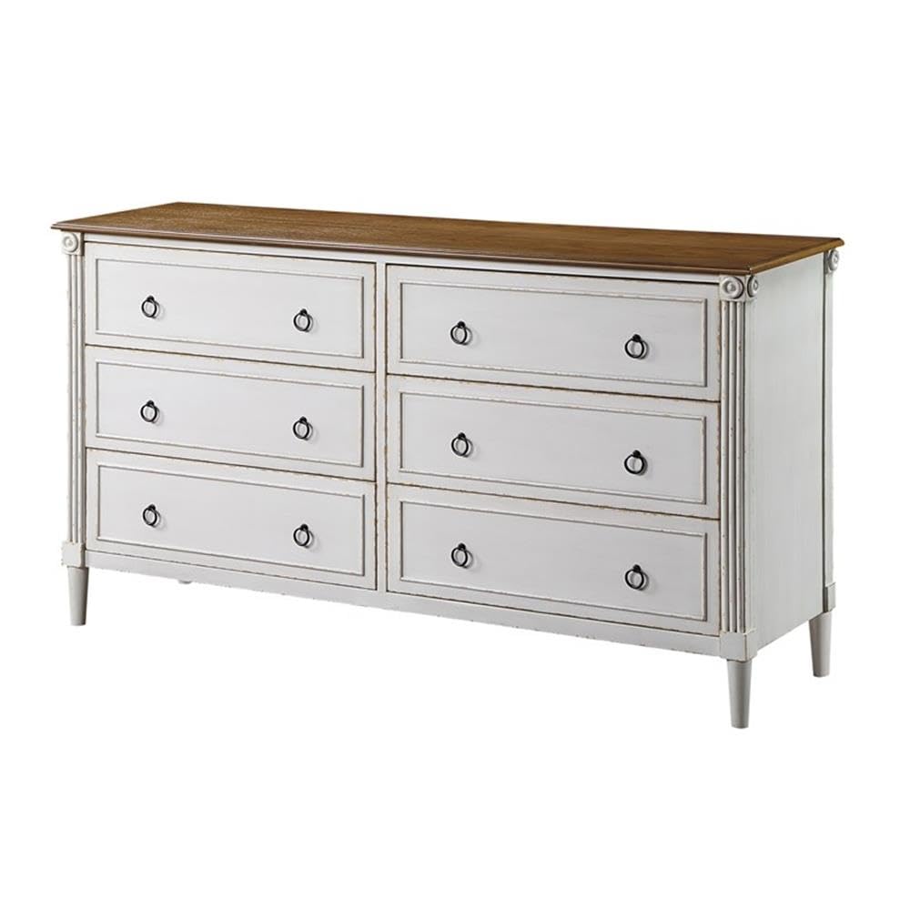 Furniture of America Birch Wood 6-Drawer Double Dresser in Antique White - Solid Wood Bedroom Dresser with Spacious Storage for Clothes, Bedroom Furniture for Home Organization & Decor