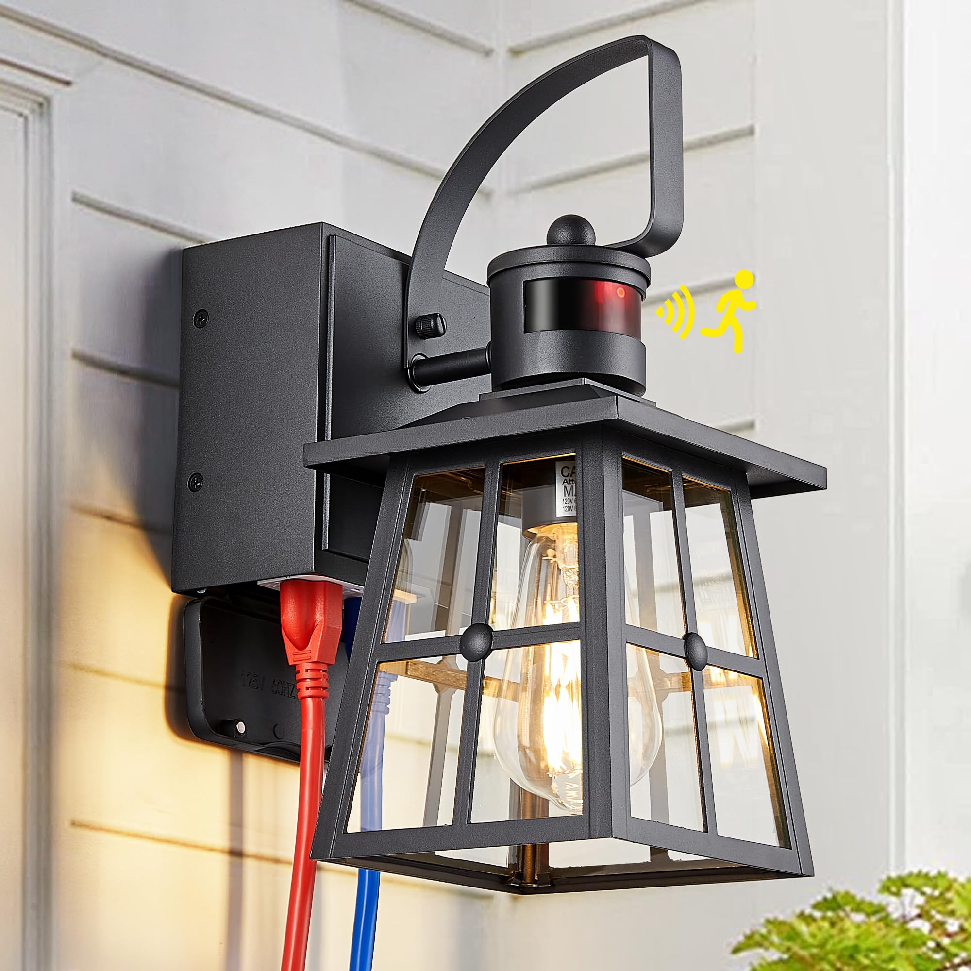Dusk to Dawn Outdoor Wall Light with GFCI Outlet - 3 Lighting Modes, Waterproof & Anti-Rust Exterior Sconce - Perfect for Front Door, Patio, Garage, and Entryway Lighting