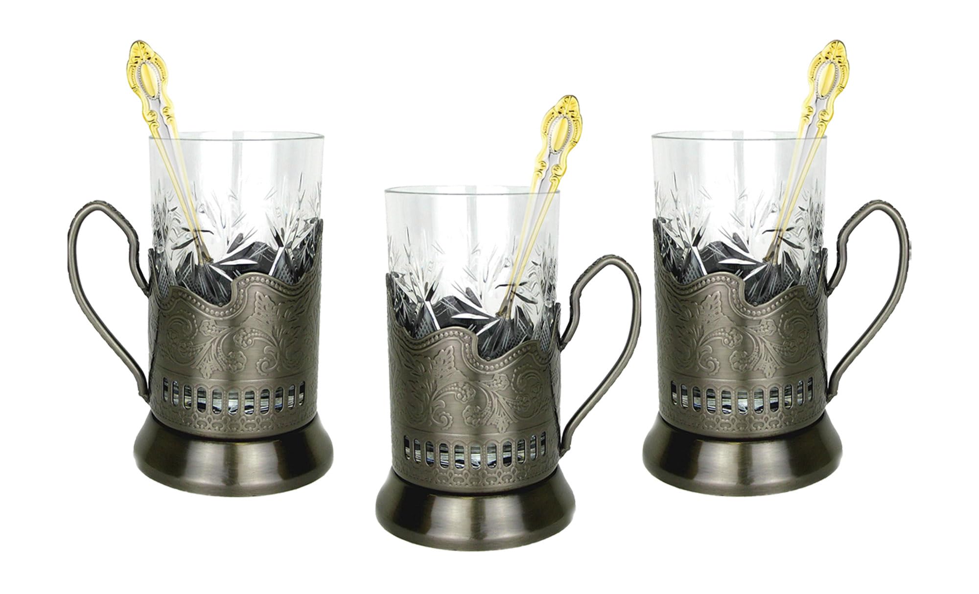Premium 9-Piece Russian Tea Set - Crystal Tempered Glass Cups with Metal Holders & Teaspoons - Vintage Style Tea Drinking Glasses - Perfect for Afternoon Tea, Russian Tea Ceremonies & Gift Giving