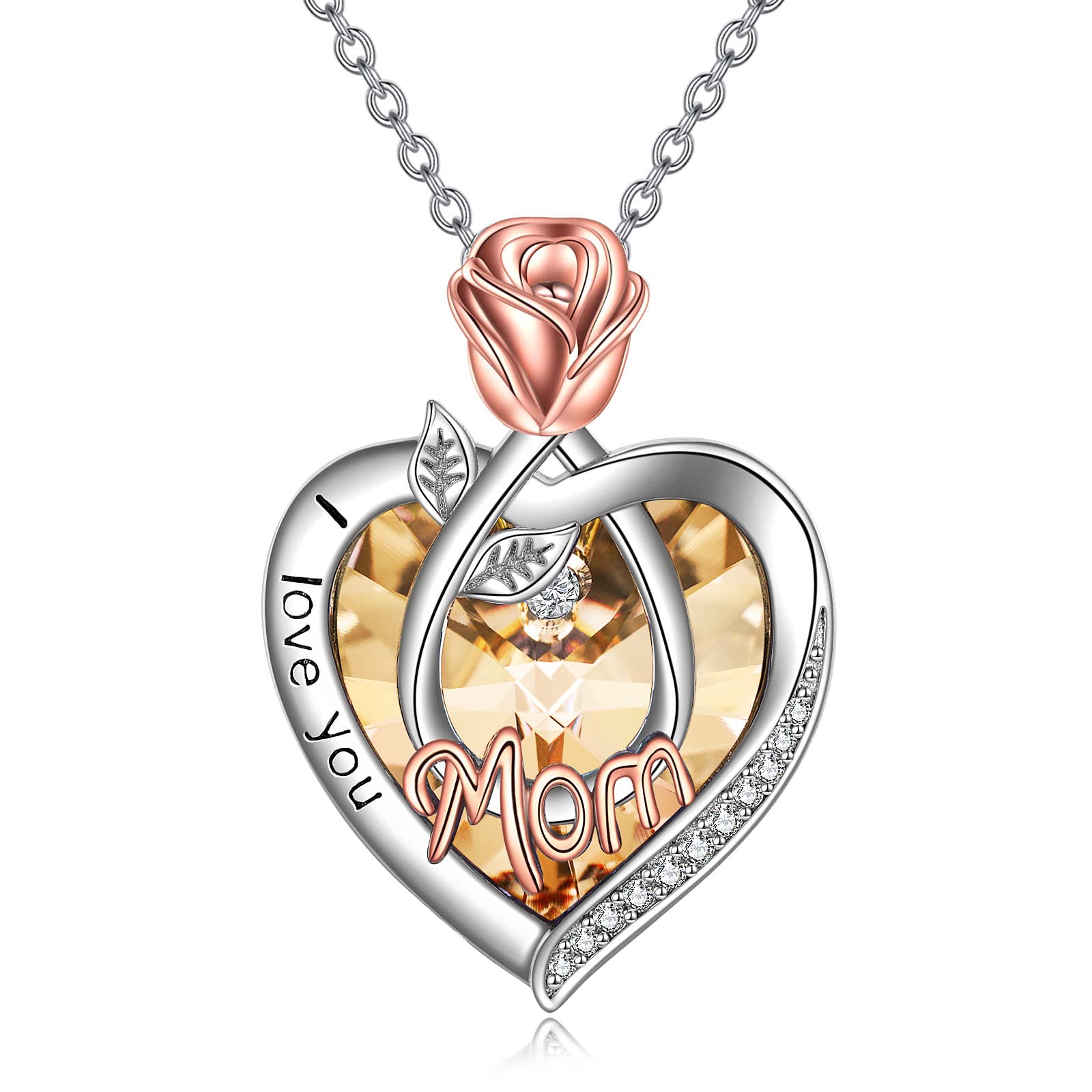POPKIMI 925 Sterling Silver Crystal Necklace for Women - Heart & Rose Flower Pendant with 