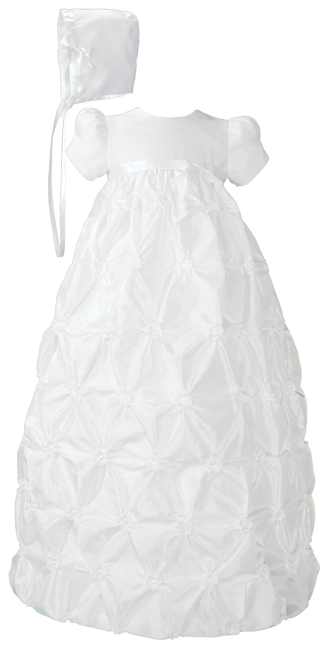 White Polyester Taffeta Christening Gown with Rosettes & Bonnet - Elegant Baptism Outfit for Baby Boys & Girls - Perfect for Church Ceremonies, Christenings & Special Occasions