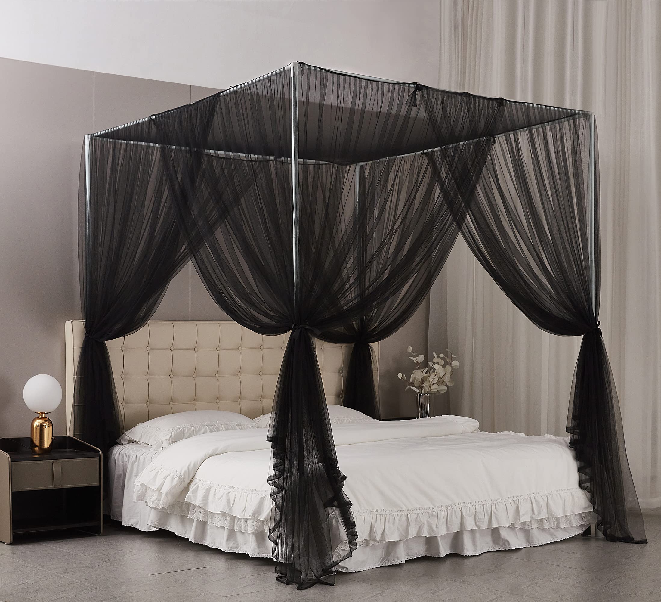 Nattey 4 Corners Post Bed Canopy Curtains - Black California King Size Bed Frame Canopy for Romantic Bedroom Decor - Perfect for Master Bedrooms, Guest Rooms & Nursery Decorations