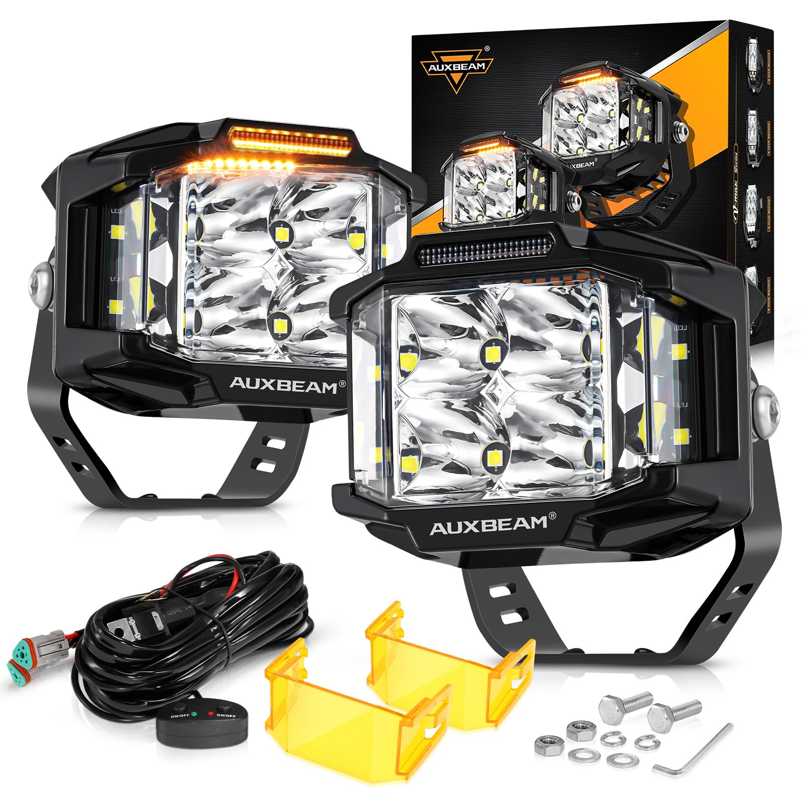 Auxbeam 4 Inch 92W LED Pod Lights - V-MAX Series Square Offroad Driving Lights with Amber DRL, 270° Spot Flood Combo Beam & Side Shooter - Yellow Cover for Truck, SUV, ATV, UTV - Perfect for Off-Roading, Night Driving & Work Lighting