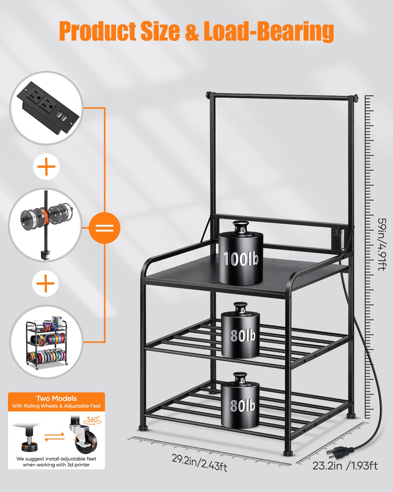 3D Printer Filament Storage Organizer - Heavy Duty Rolling Cart with Wheels for PLA, ABS, PETG Spools | Perfect for 3D Printing Workshop, Garage & Office Organization
