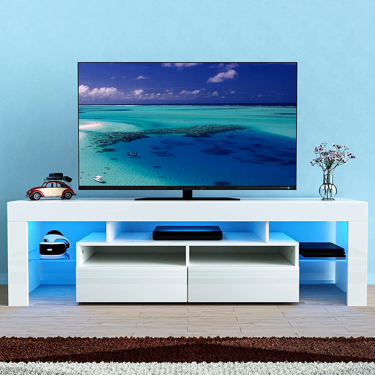 Modern LED TV Stand for 60/65/70 Inch TVs - RGB Backlit Entertainment Center with Storage | High Glossy TV Media Console for Living Room, Game Room & Bedroom (White) | Perfect for Movie Nights & Gaming Setup