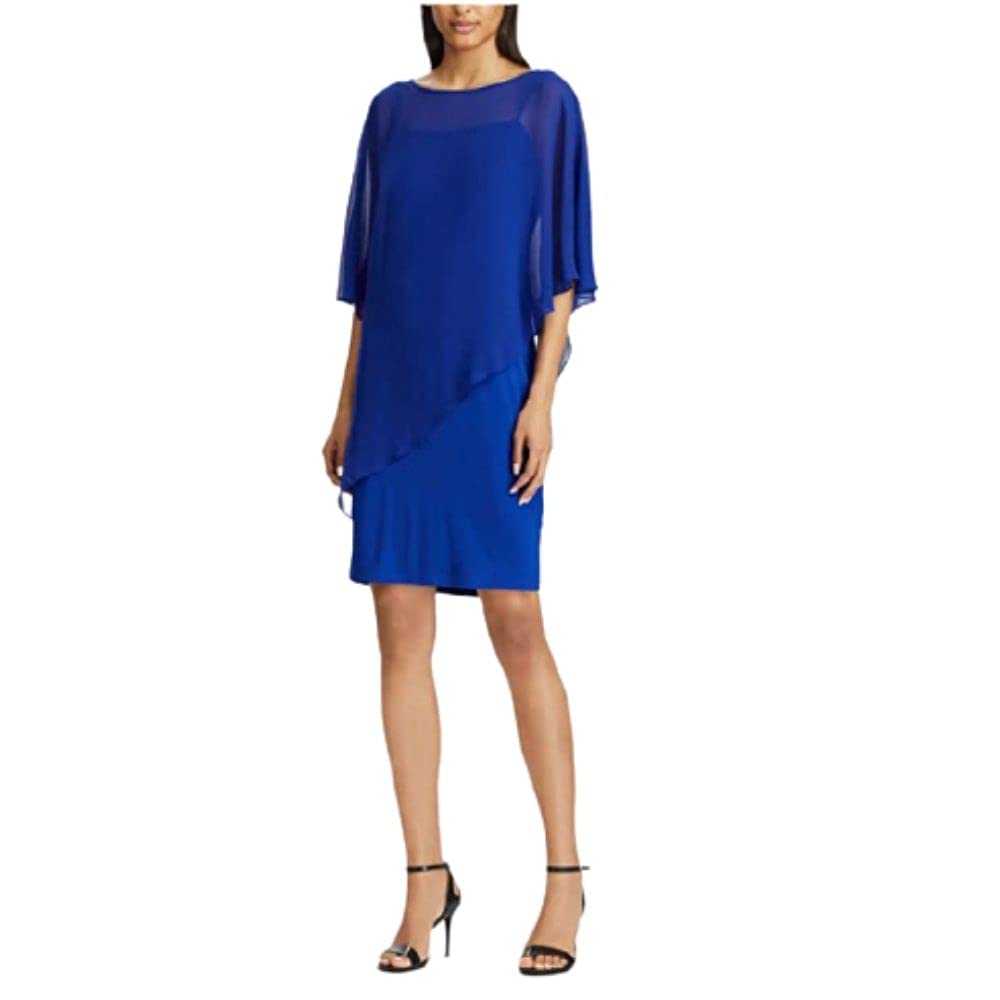 Ralph Lauren Women's Chiffon Cape Overlay Jersey Dress - Size 2, Deep Blue | Elegant Formal Wear for Weddings, Parties & Special Occasions