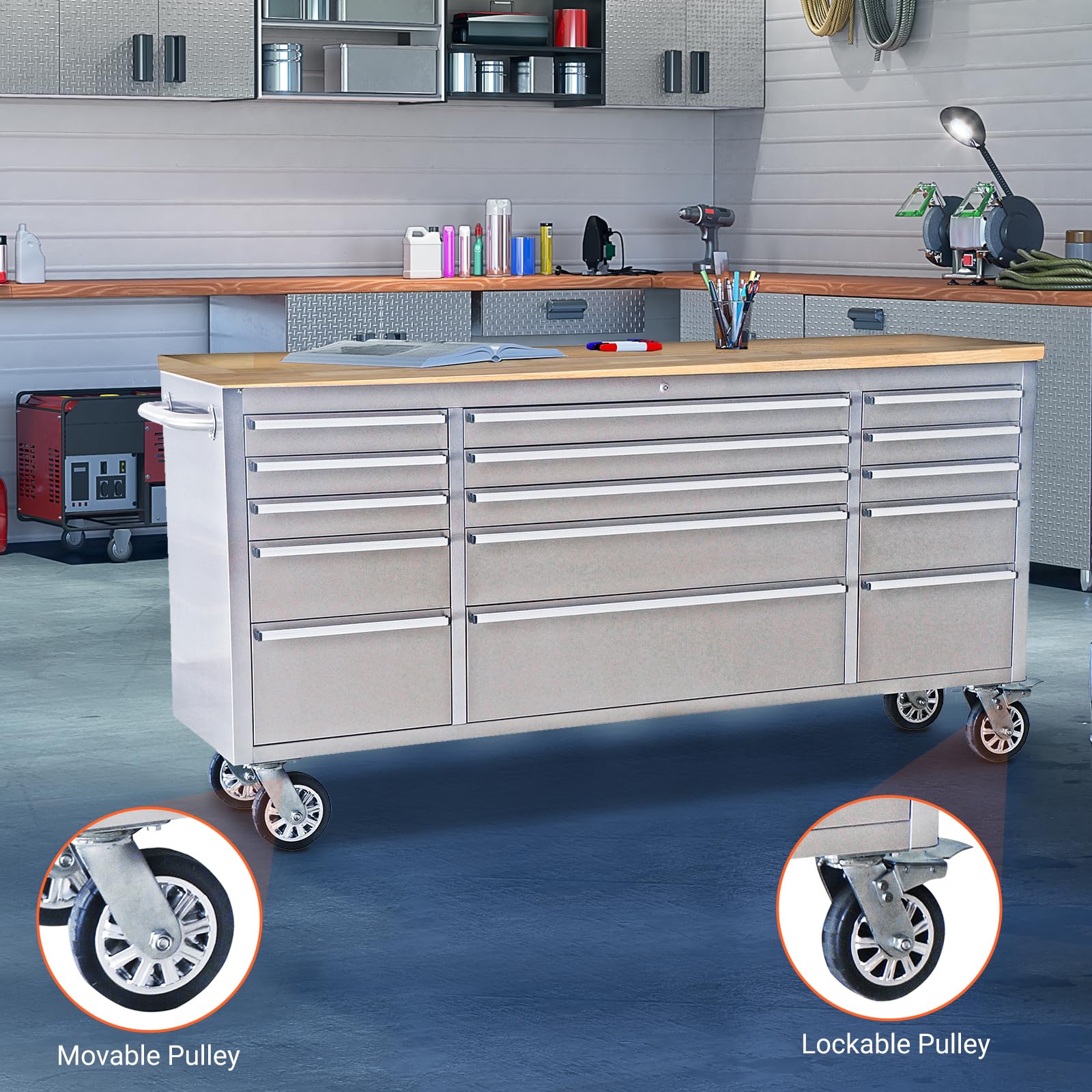 GARVEE 15-Drawer Rolling Tool Chest, 72 x 20 Inch Mobile Tool Storage Cabinet with 3 Top Cabinets & Pegboard, Heavy-Duty Wheels, Anti-Slip Liner - Perfect for Garage, Workshop, Warehouse, and Auto Repair Shop Organization