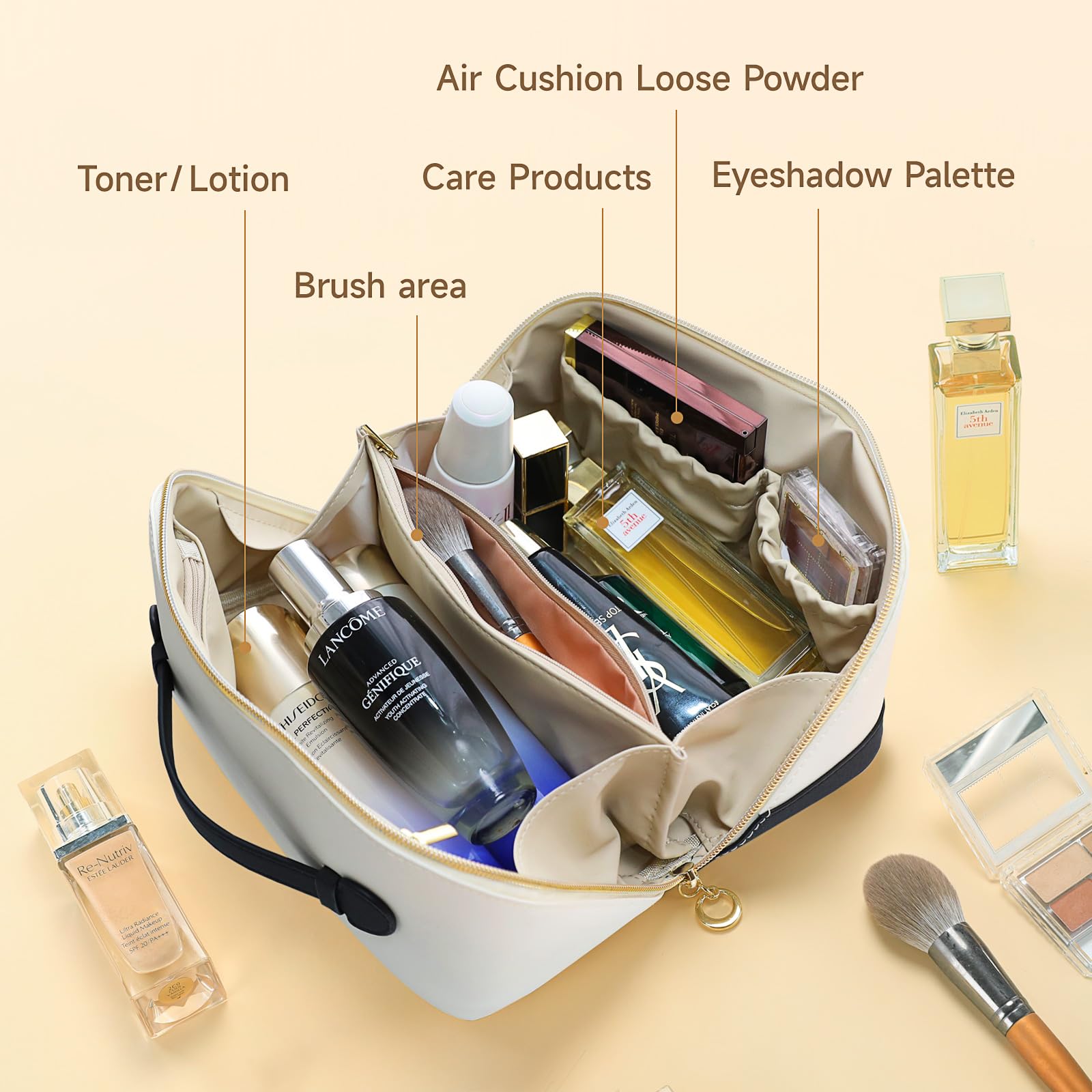 Waterproof Travel Makeup Bag for Women - Large Capacity Cosmetic Organizer with Dividers & Handle, Portable Flat Open Toiletry Pouch (Black) | Perfect for Air Travel, Gym, Beach & Everyday Use