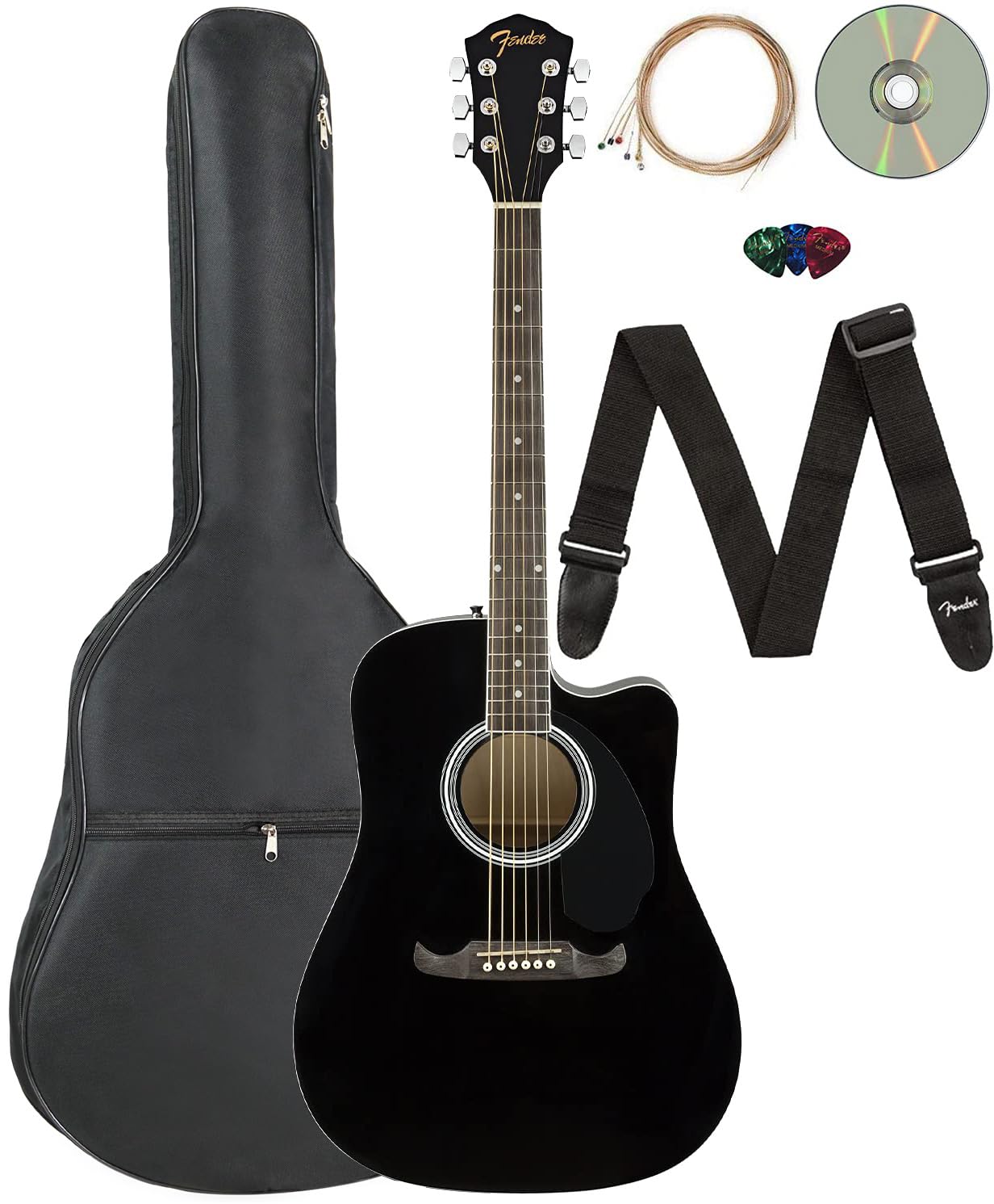 Fender FA-125CE Dreadnought Cutaway Acoustic-Electric Guitar Bundle - Black with Gig Bag, Strap, Strings, Picks & Online Lessons | Perfect for Beginners, Live Performances and Home Practice
