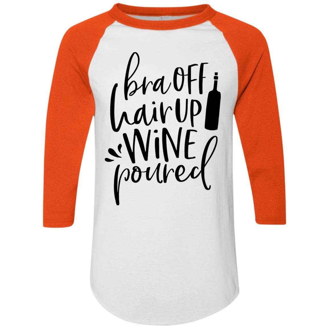 WineyBitches.Co Women's Colorblock Raglan Jersey - 'Bra Off Hair Up Wine Poured' Graphic Tee (Black Lettering) | Comfortable Casual Shirt for Wine Nights, Girls' Night Out & Relaxing at Home