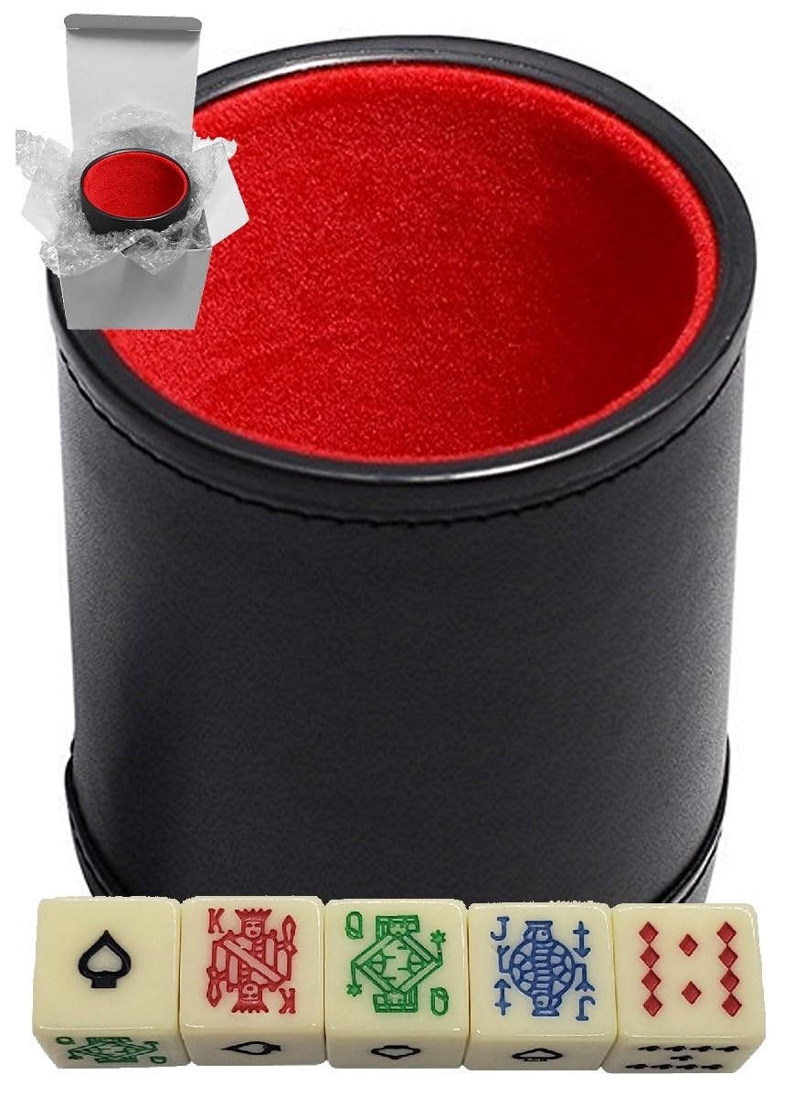 Premium Black PU Leather Dice Cup Set with Plush Red Felt Lining & Ivory Tone Poker Dice - Square Corner Spades Ace Design - Gift Boxed - Perfect for Casino Nights, Poker Parties, and Family Game Evenings
