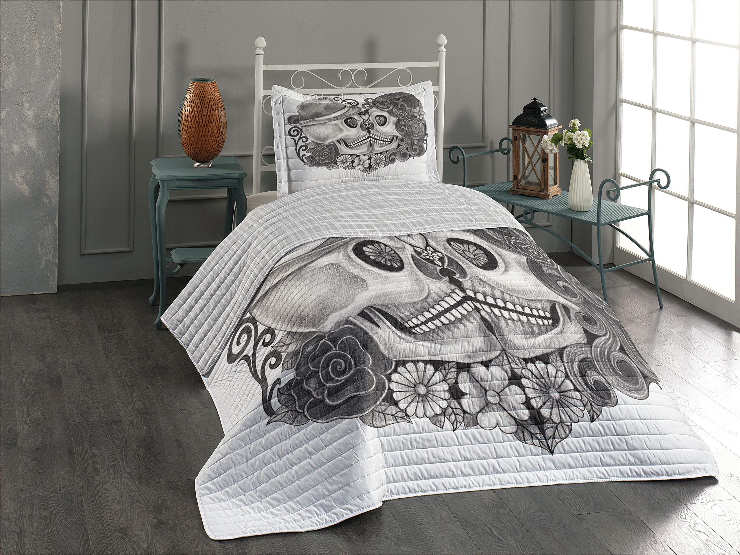 Ambesonne Gothic Reversible Bedspread Set with Pillow Shams - Skull Art & Floral Design Microfiber Comforter for Twin Bed, Charcoal Grey | Perfect for Halloween, Day of the Dead Decor & Gothic Bedroom Theme