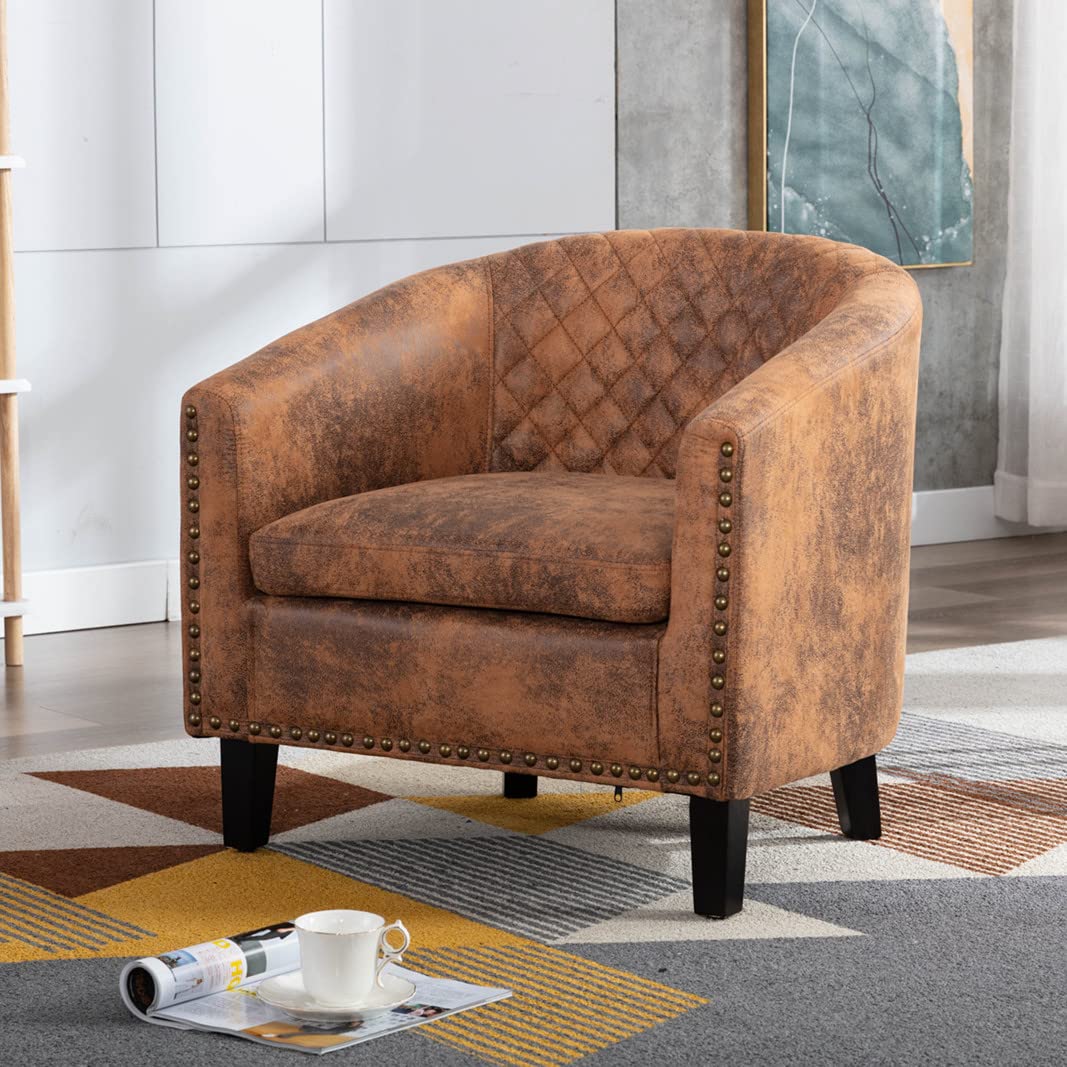 Modern Upholstered Accent Armchair - Soft Fabric Barrel Club Chair with Solid Wood Legs & Nailhead Trim | Comfortable Living Room Sofa, Office Guest Chair & Bedroom Seating (Antique Brown) | Perfect for Home Decor, Lounge Relaxation & Stylish Interior Design