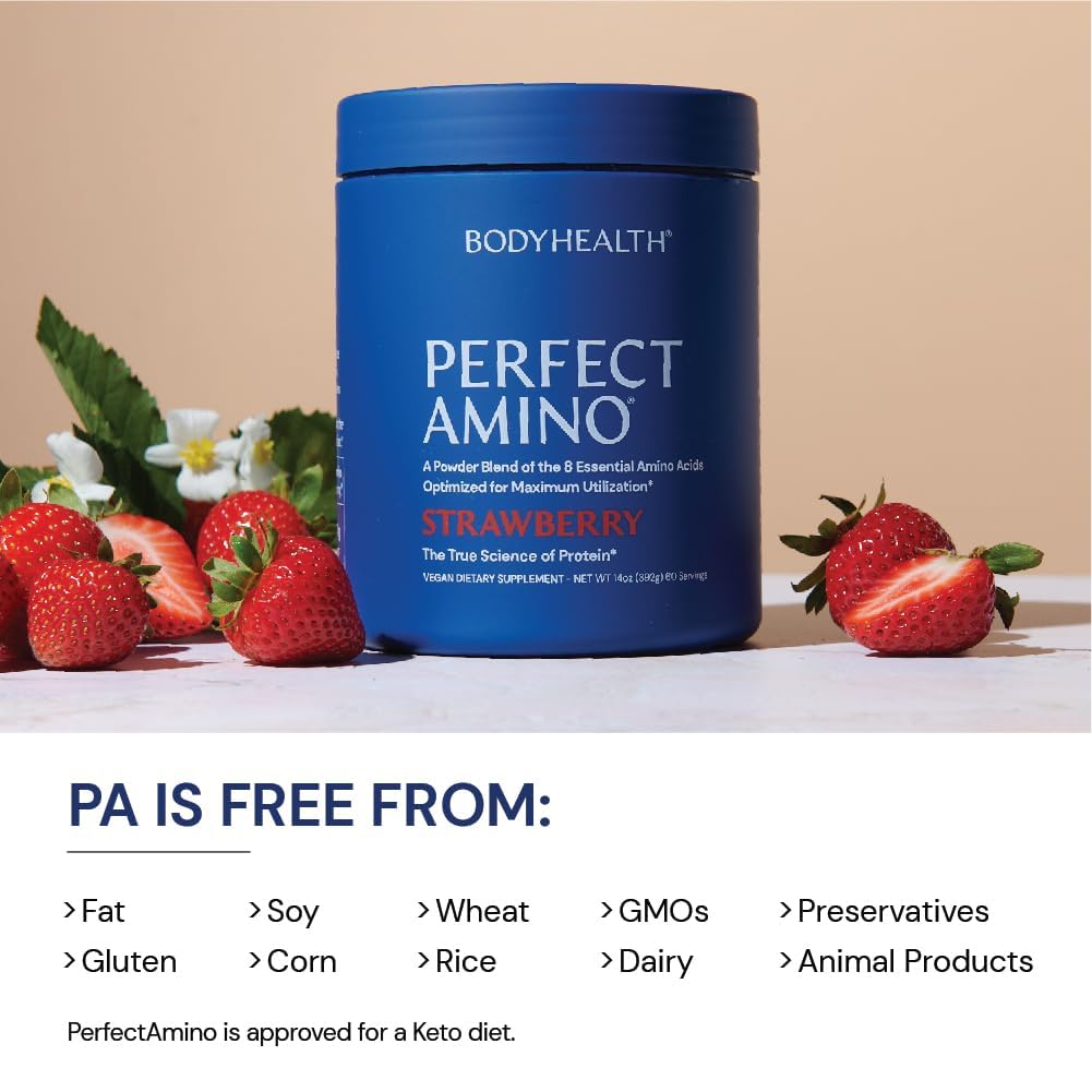 BodyHealth PerfectAmino Powder - BCAA & EAA Supplement for Workout Recovery & Muscle Growth - Strawberry Flavor Amino Acid Energy Drink for Men & Women - 60 Servings - Ideal for Gym, Fitness Training & Post-Workout Recovery
