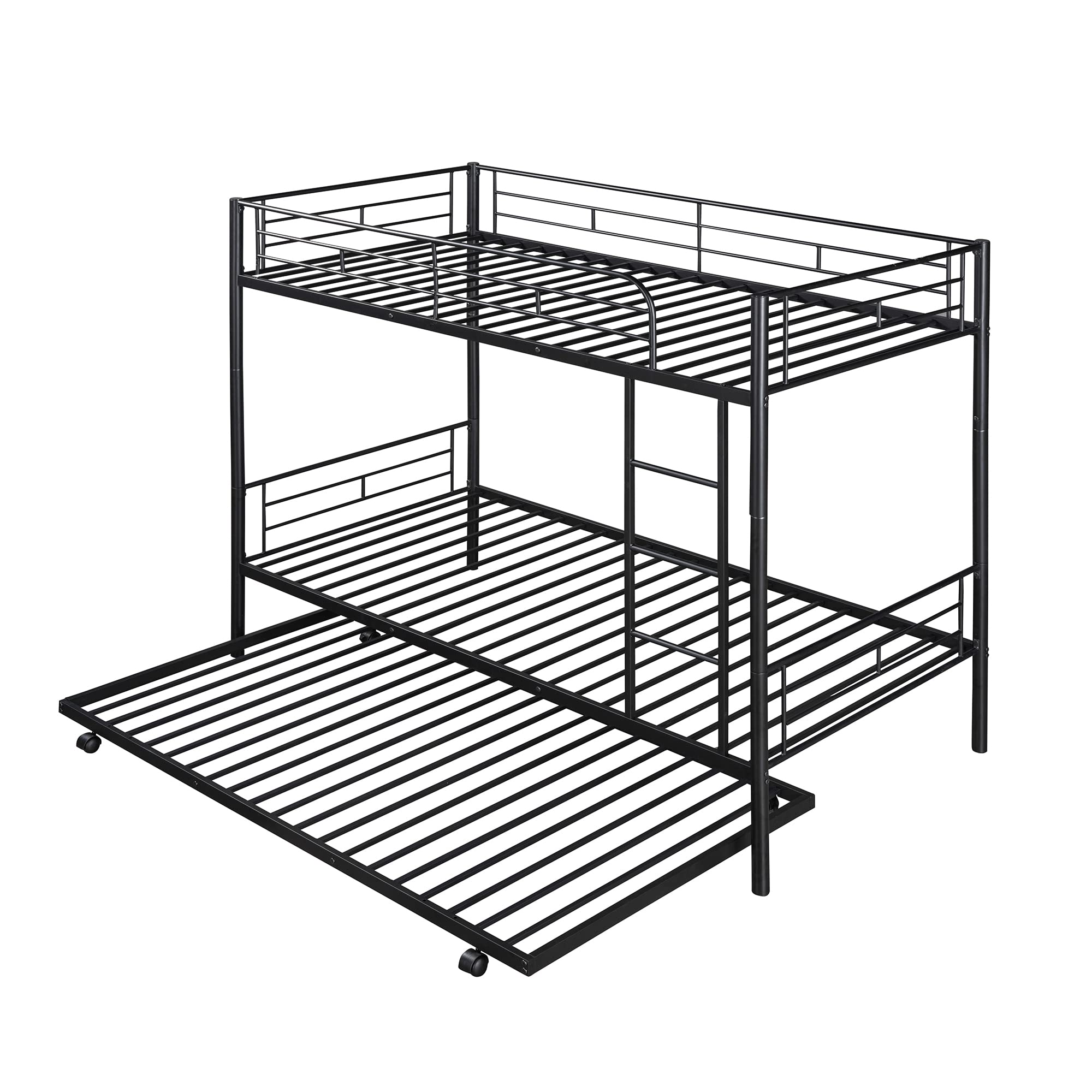 P PURLOVE Twin Over Twin Metal Bunk Bed with Trundle - Space Saving Convertible Bunk Bed Frame with Ladder - Separates into 2 Individual Beds - No Box Spring Required (Black) - Perfect for Kids' Rooms, Guest Rooms & Small Spaces