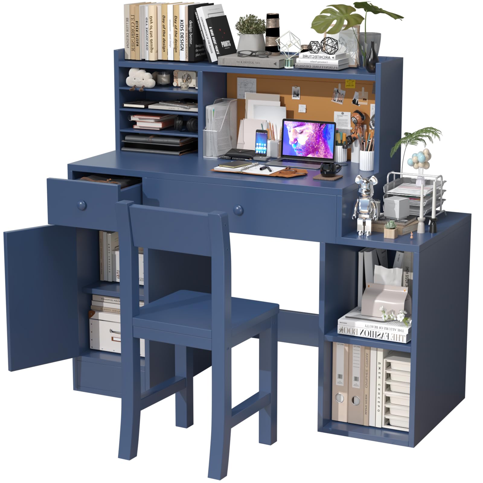 Blue Kids Study Desk and Chair Set for Ages 5-12 - Adjustable Children's Computer Desk with Bulletin Board, Storage Drawers & Cabinets - Perfect for Homework, Online Learning & Craft Activities (40 Inch)