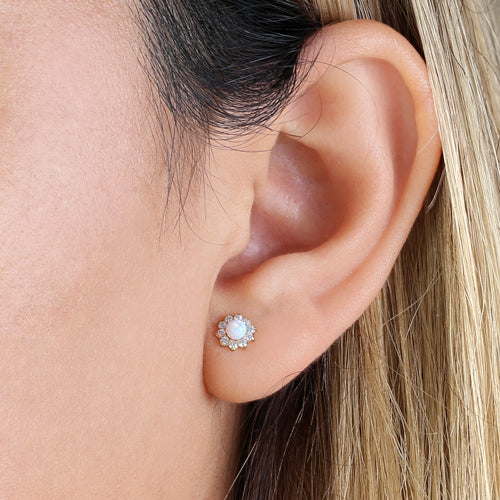 14K Yellow Gold Round White Lab Opal & Clear Cubic Zirconia Stud Earrings for Women - Elegant Gift for Birthday, Anniversary & Special Occasions