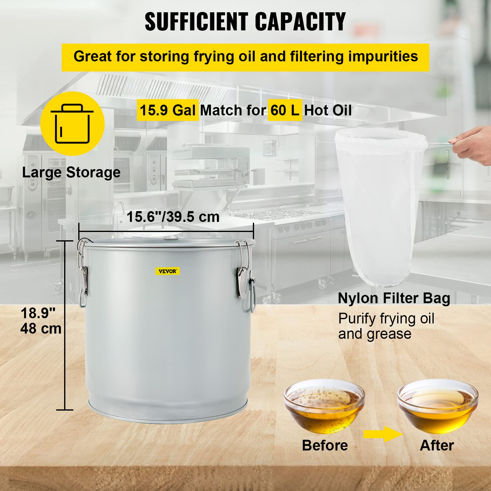 VEVOR 15.9 Gallon Commercial Deep Fryer Grease Bucket - 60L Coated Carbon Steel Oil Filter Pot with Caster Wheels, 123 LBS Capacity Oil Disposal Caddy, Locking Lid & Nylon Filter Bag - Perfect for Restaurants, Food Trucks & Commercial Kitchens