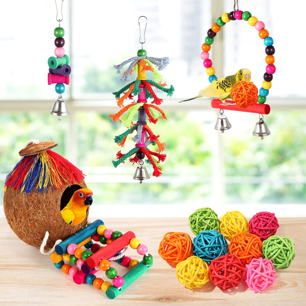 17 Pcs Bird Toys Set - Parakeet Swing, Chewing Hanging Toys & Climbing Ladder for Cockatiels, Conures, Finches, Budgies - Perfect for Bird Cage Enrichment and Playtime Activities