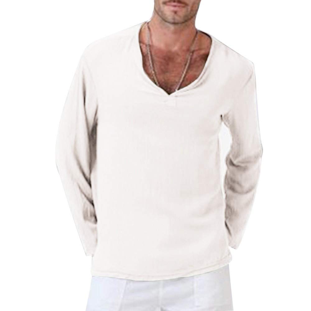 XXBR Men's Long Sleeve V-Neck T-Shirt - Soft Cotton Solid Color Hippie Style Casual Shirt, Plus Size Wrinkle-Resistant Comfortable Beachwear | Perfect for Summer Outings, Music Festivals & Boho Fashion