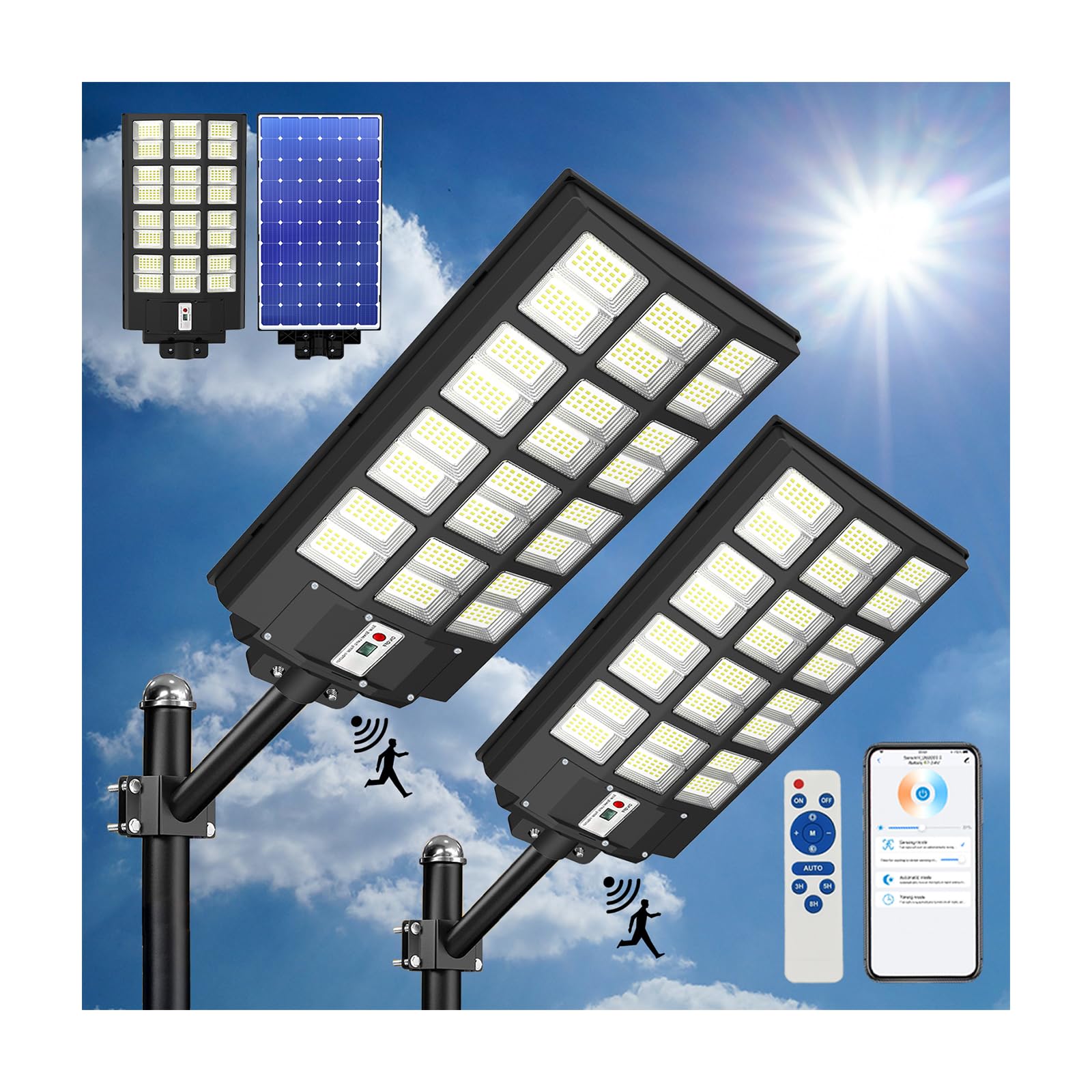 2000W Solar Street Lights Outdoor Waterproof - 250,000lm LED Flood Lights with Smart App Control, Dusk to Dawn Sensor (2 Pack) - Perfect for Driveway, Garden, Backyard & Security Lighting