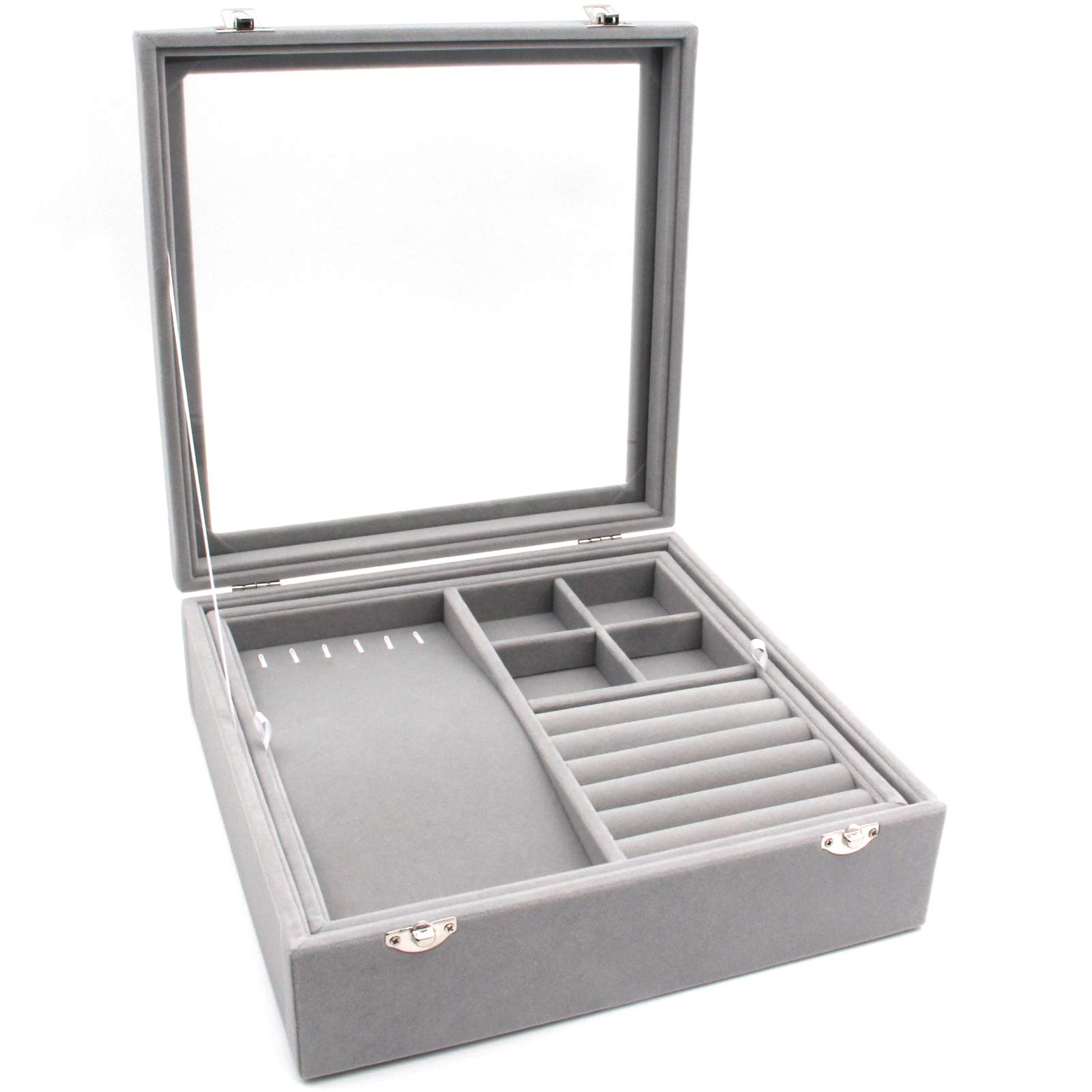 Elegant 2-Layer Jewelry Organizer Box with Glass Lid - Premium Gray Jewelry Storage Case for Necklaces, Rings & Earrings | Perfect for Bedroom Vanity, Travel & Gift Giving